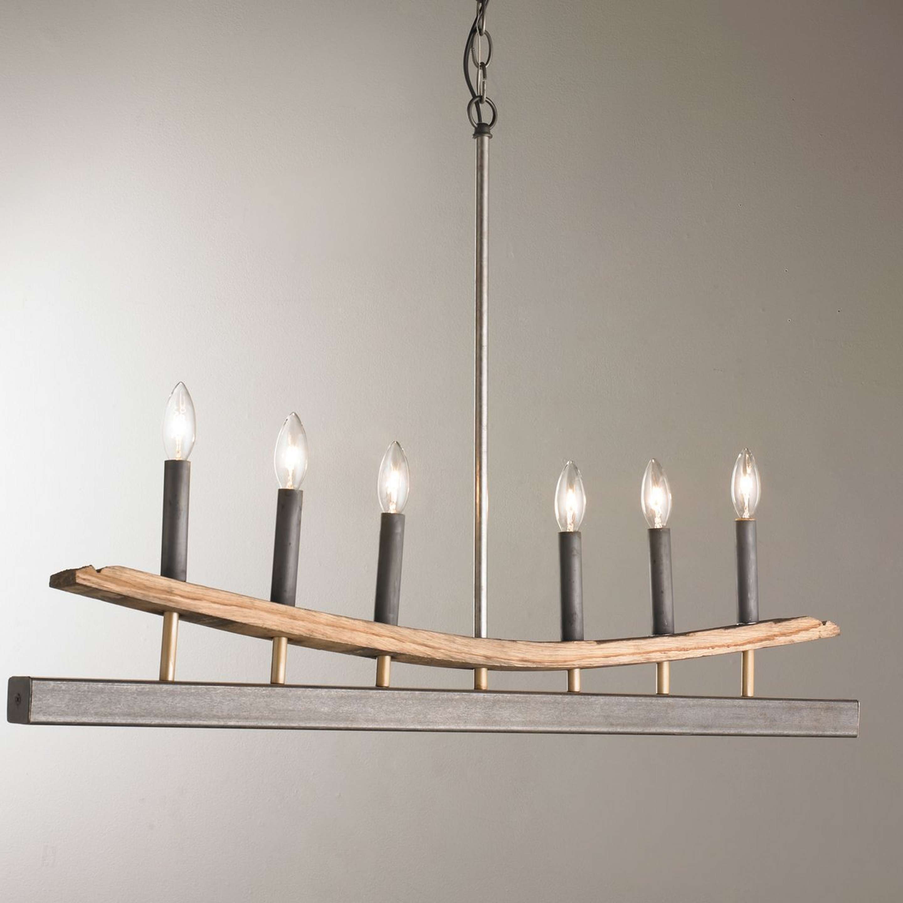 A Wendy Umanoff Whiskey Barrel Stave Chandelier with Steel / Wood / Darkened Copper color