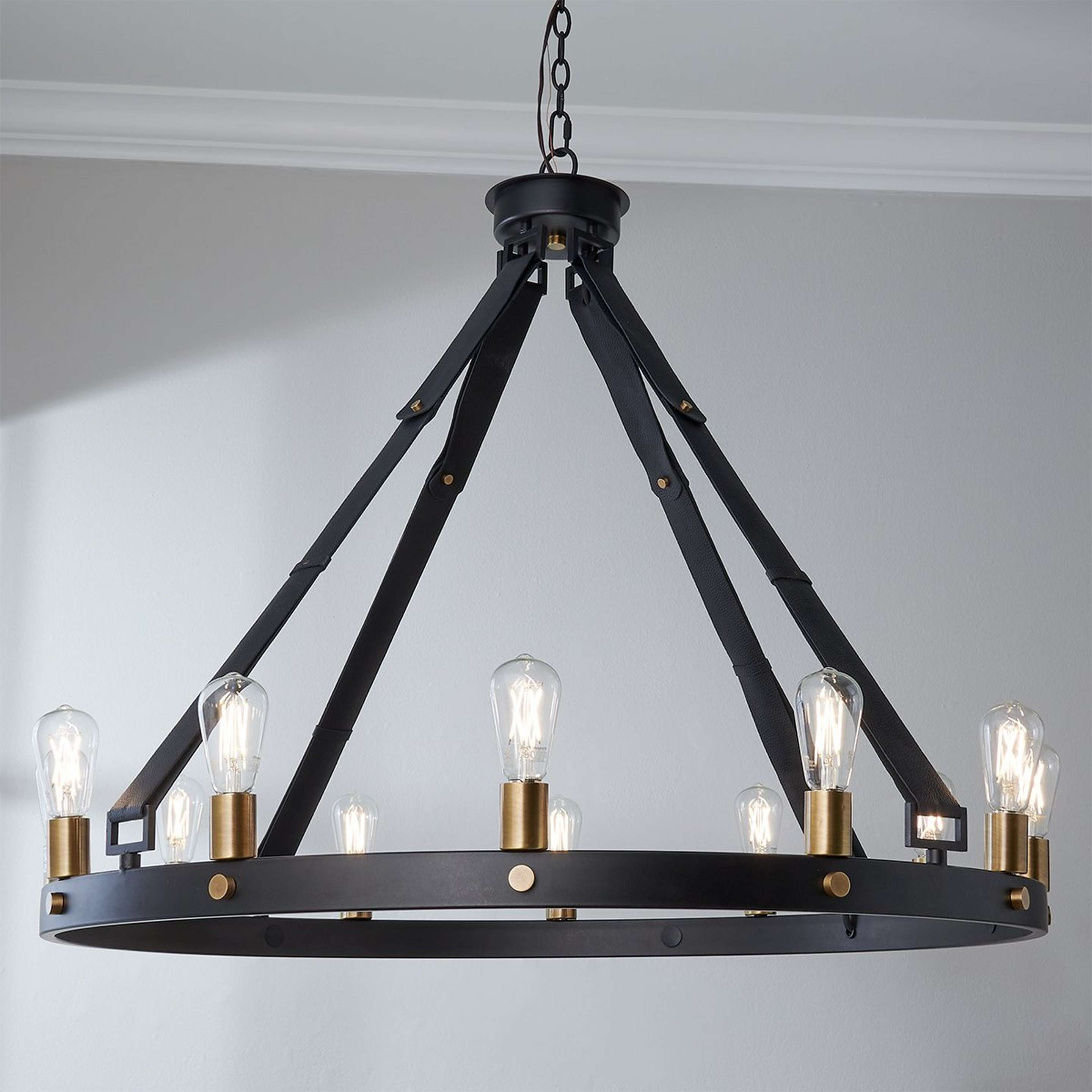 A Leather Strap Mixed Metals Chandelier - 12-Light with Dark Antique Bronze/Antique Brass color