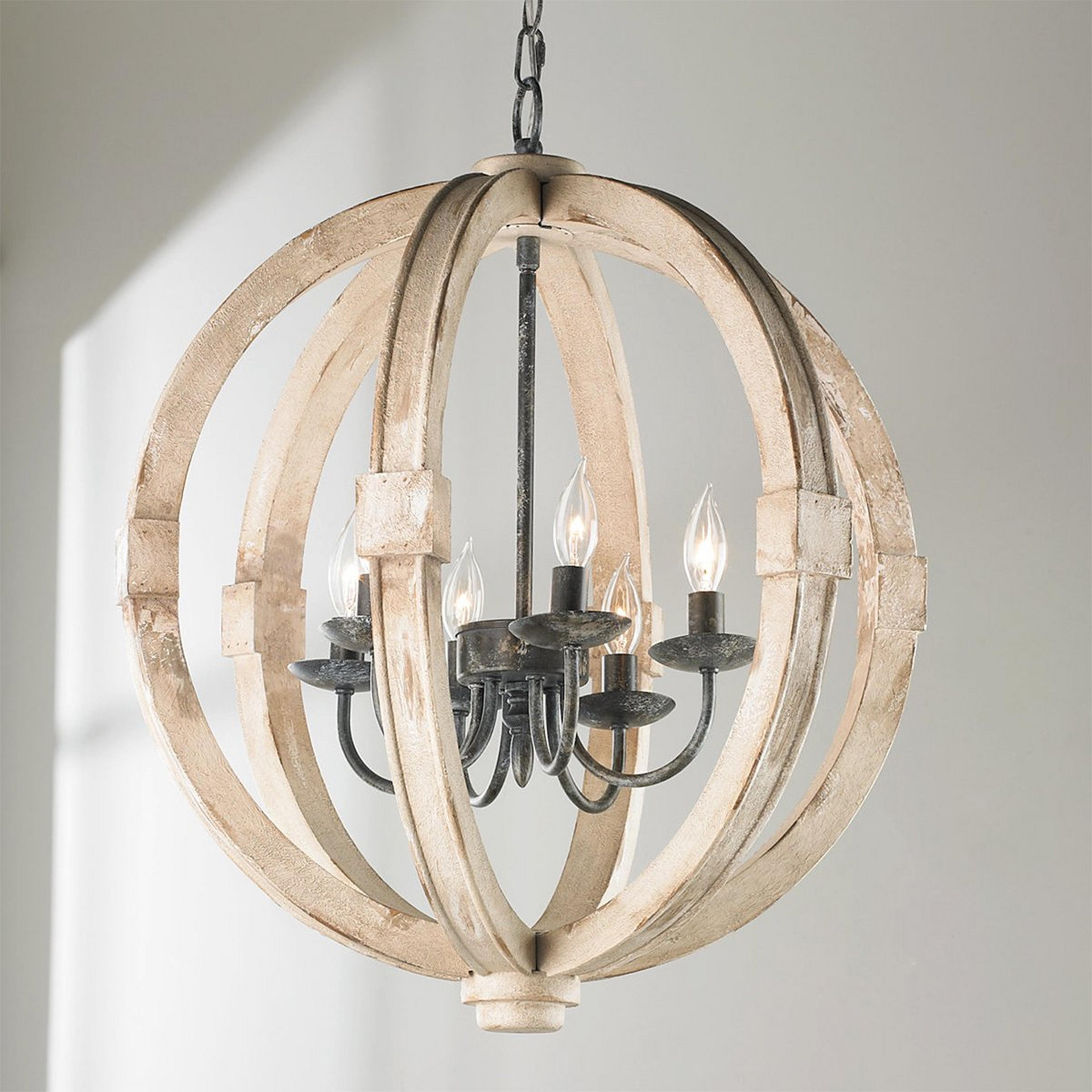 A Distressed Wood Sphere Chandelier with Rustic Iron / Distressed Cream color