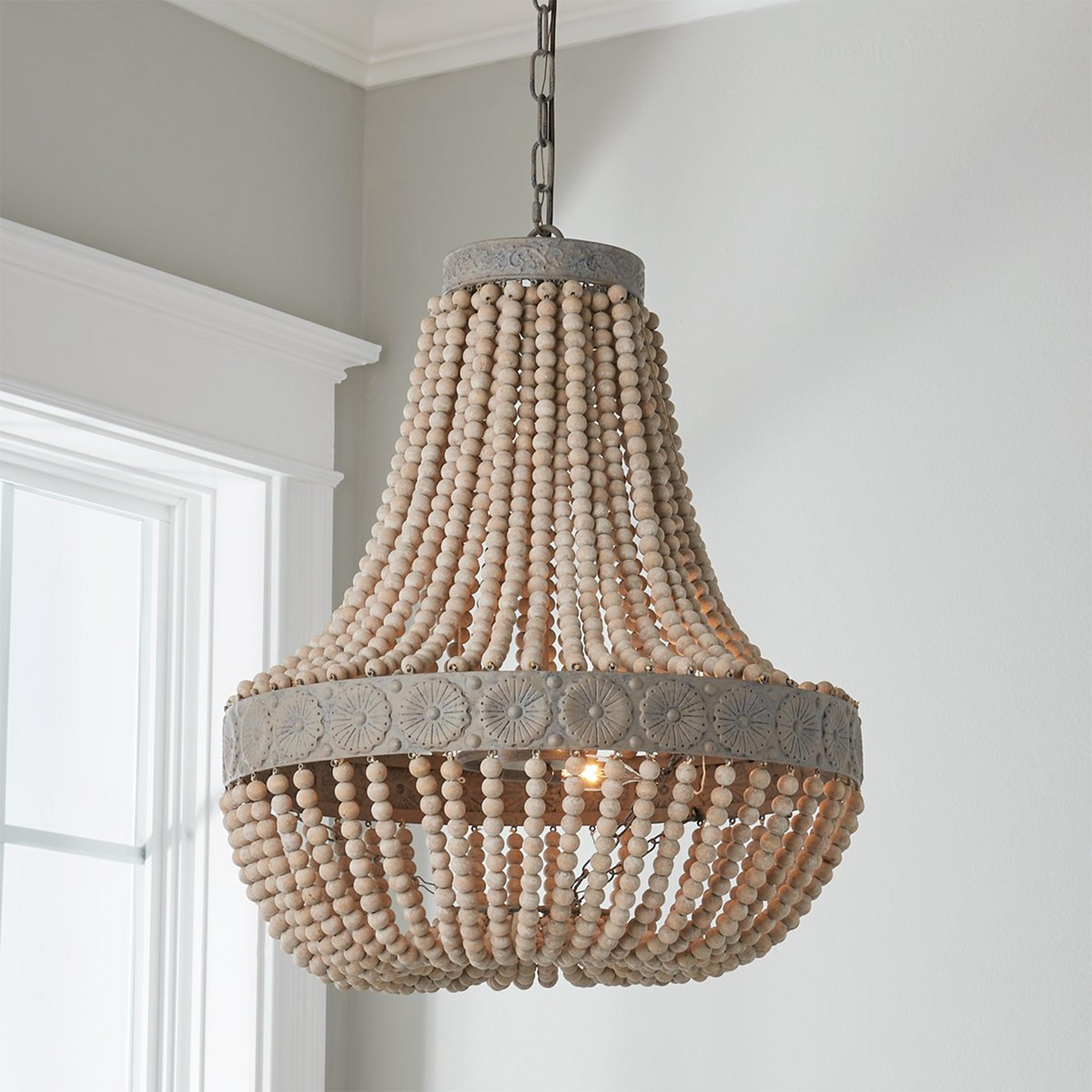 A Aged Wood Beaded Chandelier - 3 Light with Distressed Gray Wash color