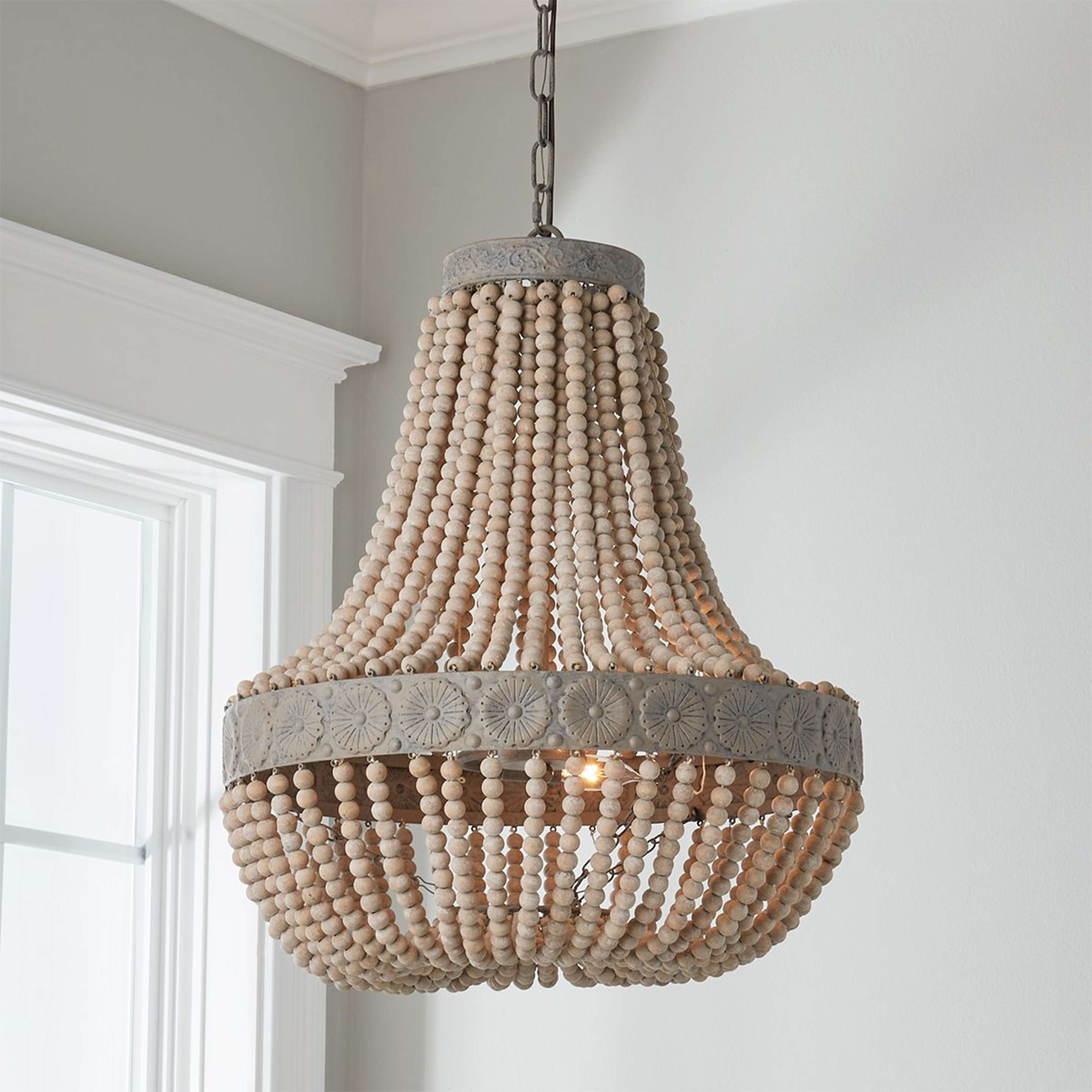 A Aged Wood Beaded Chandelier - 3 Light with Distressed Gray Wash color