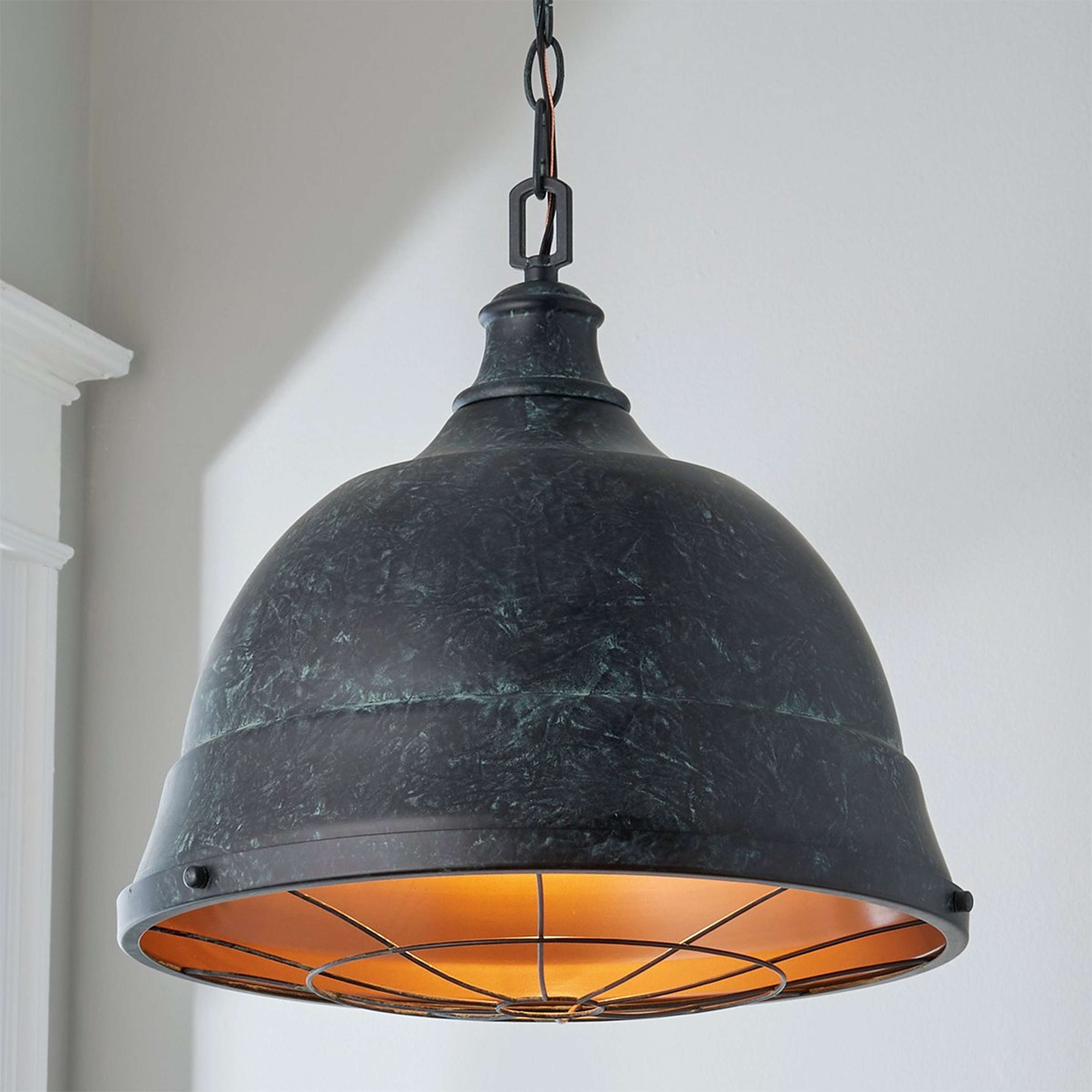 A Weathered Industrial Caged Pendant - 2 Light with Black Patina / Copper color