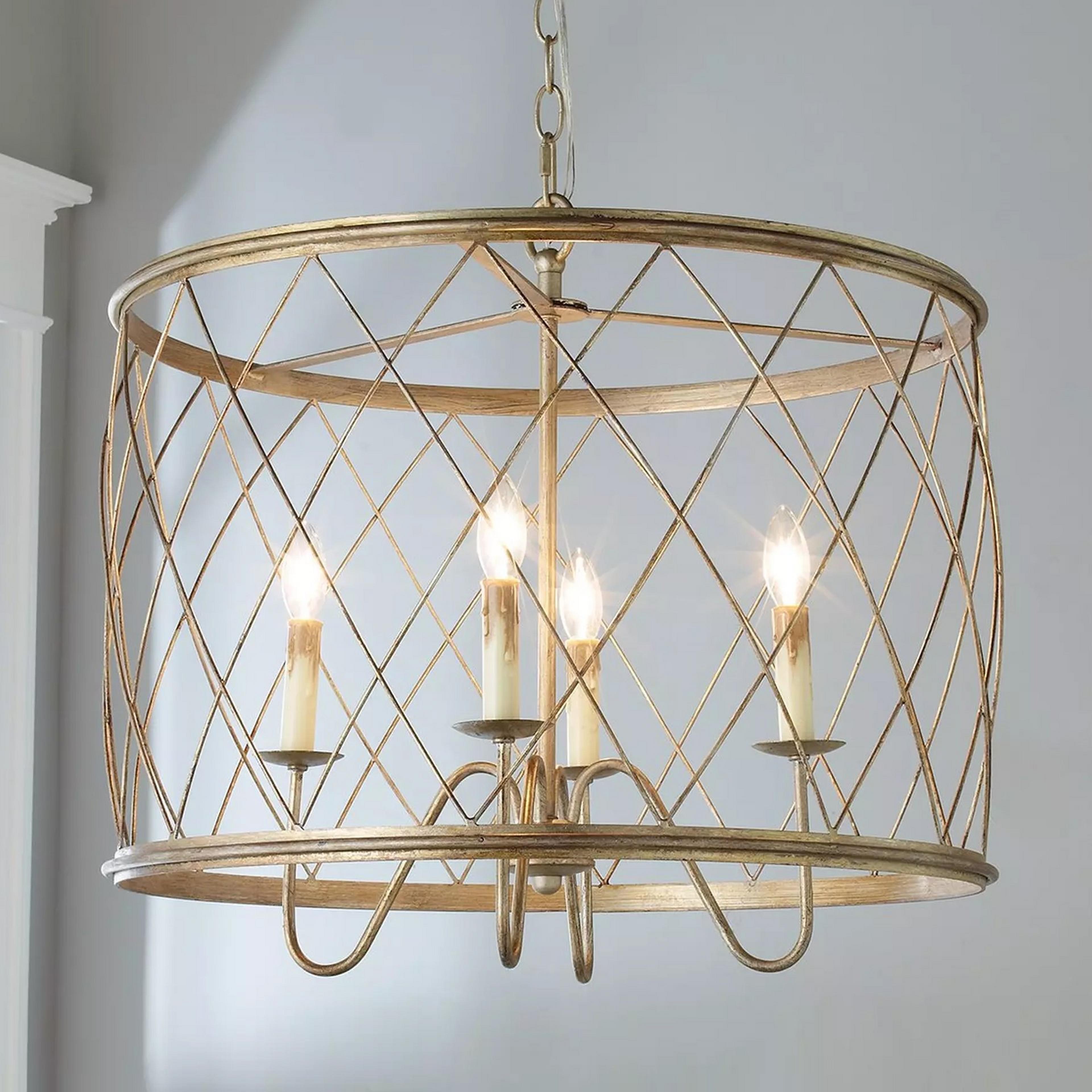 A Trellis Cage Drum Chandelier - Large with Distressed Champagne color