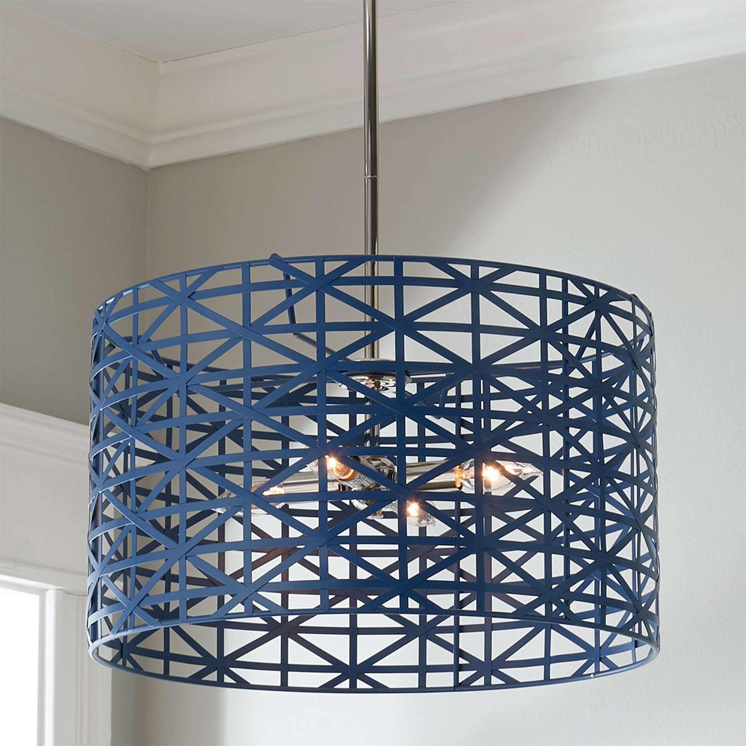 A Young House Love Metal Strap Convertible Chandelier with Polished Nickel / Navy Baby color