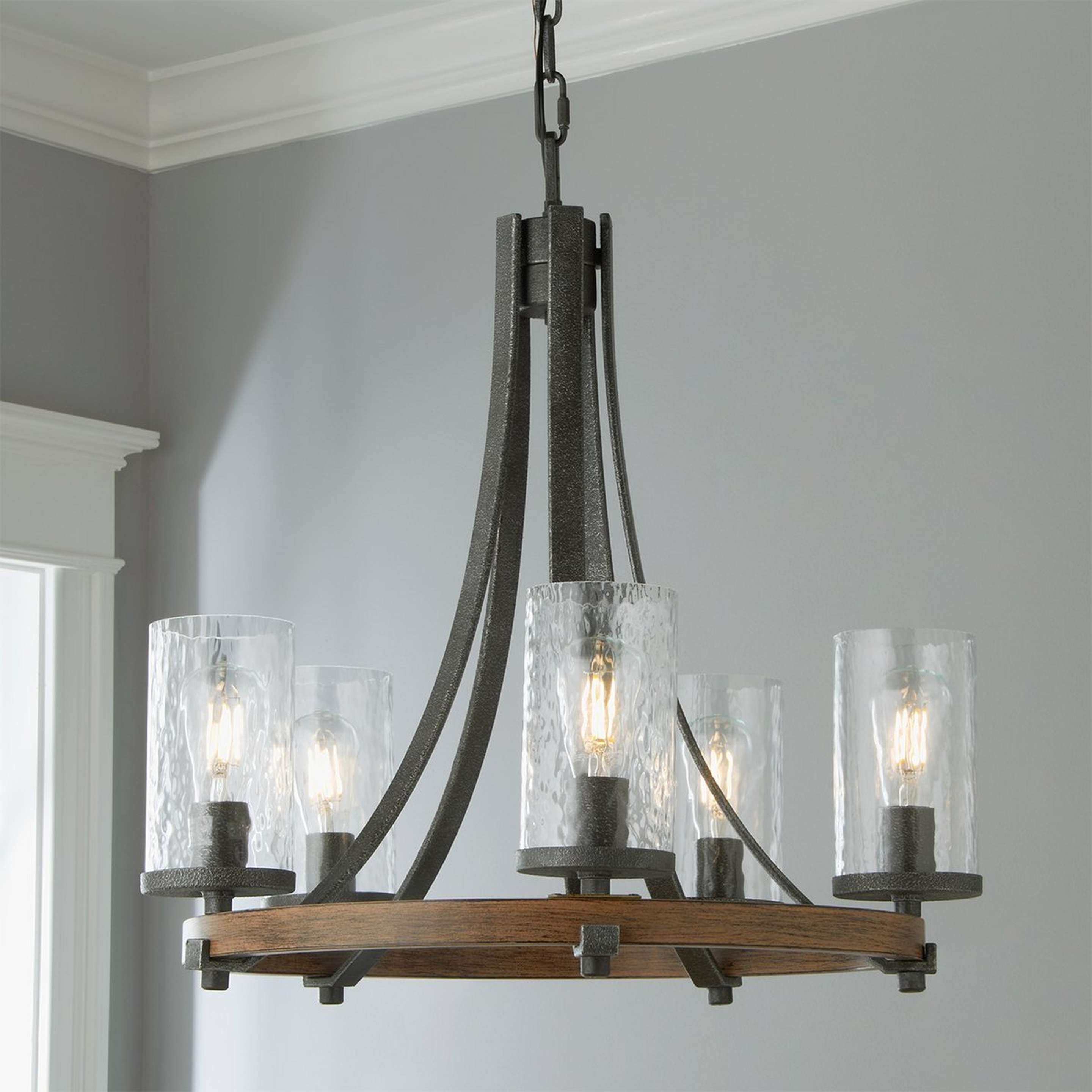 A Industrial Farmhouse Wavy Glass Chandelier - 5 Light with Slate Gray / Distressed Weathered Oak color