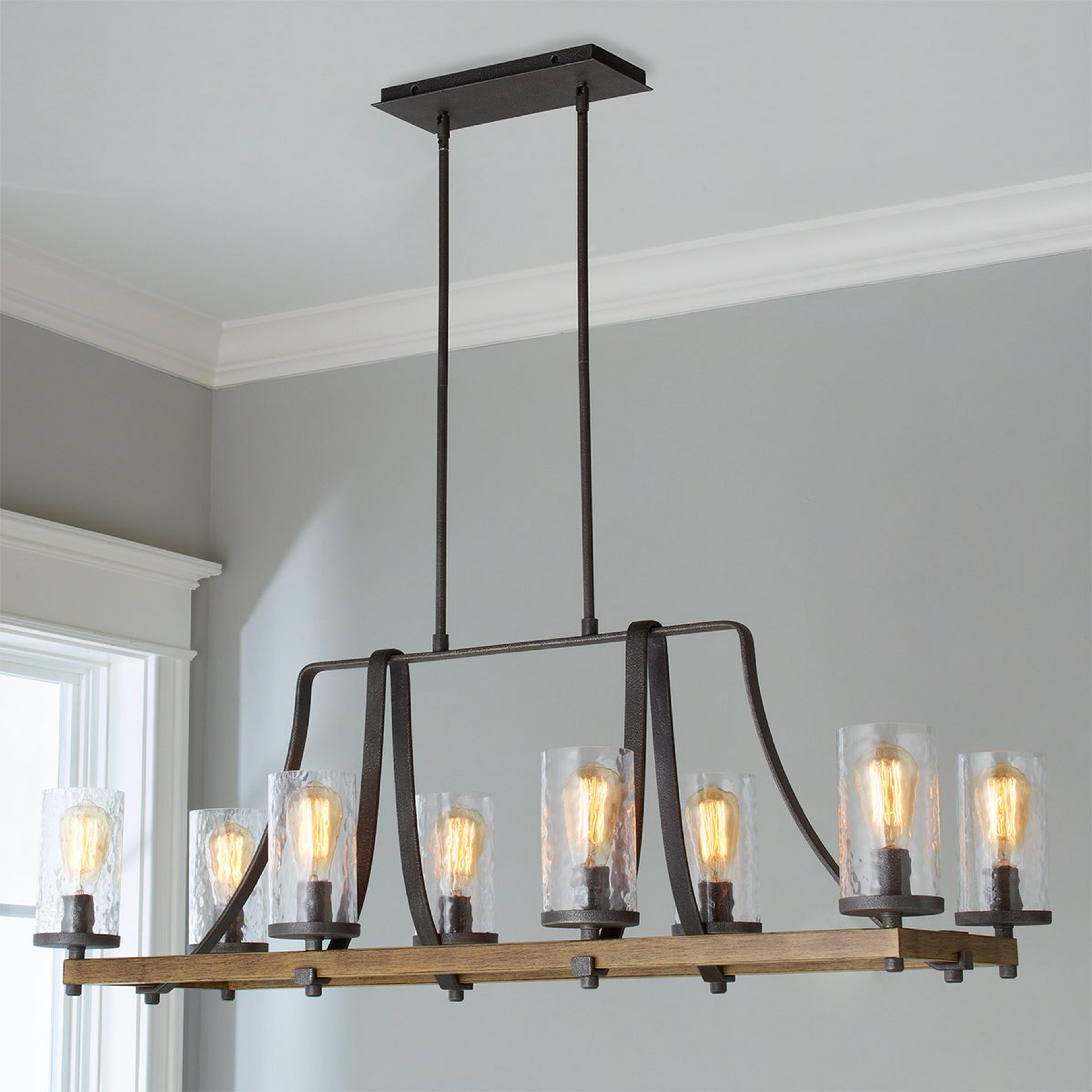 A Industrial Farmhouse Wavy Glass Island Chandelier with Slate Gray / Distressed Weathered Oak color
