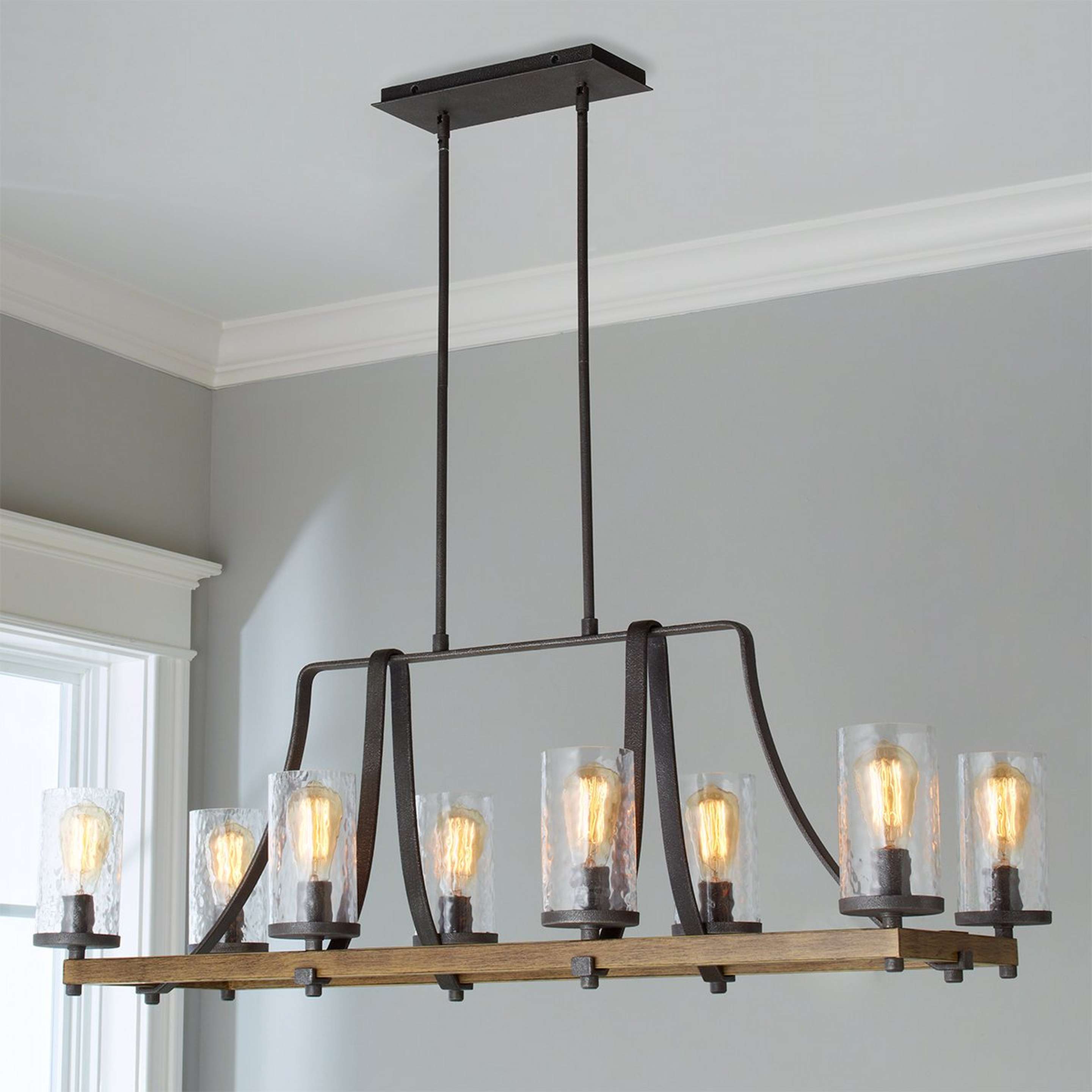 A Industrial Farmhouse Wavy Glass Island Chandelier with Slate Gray / Distressed Weathered Oak color