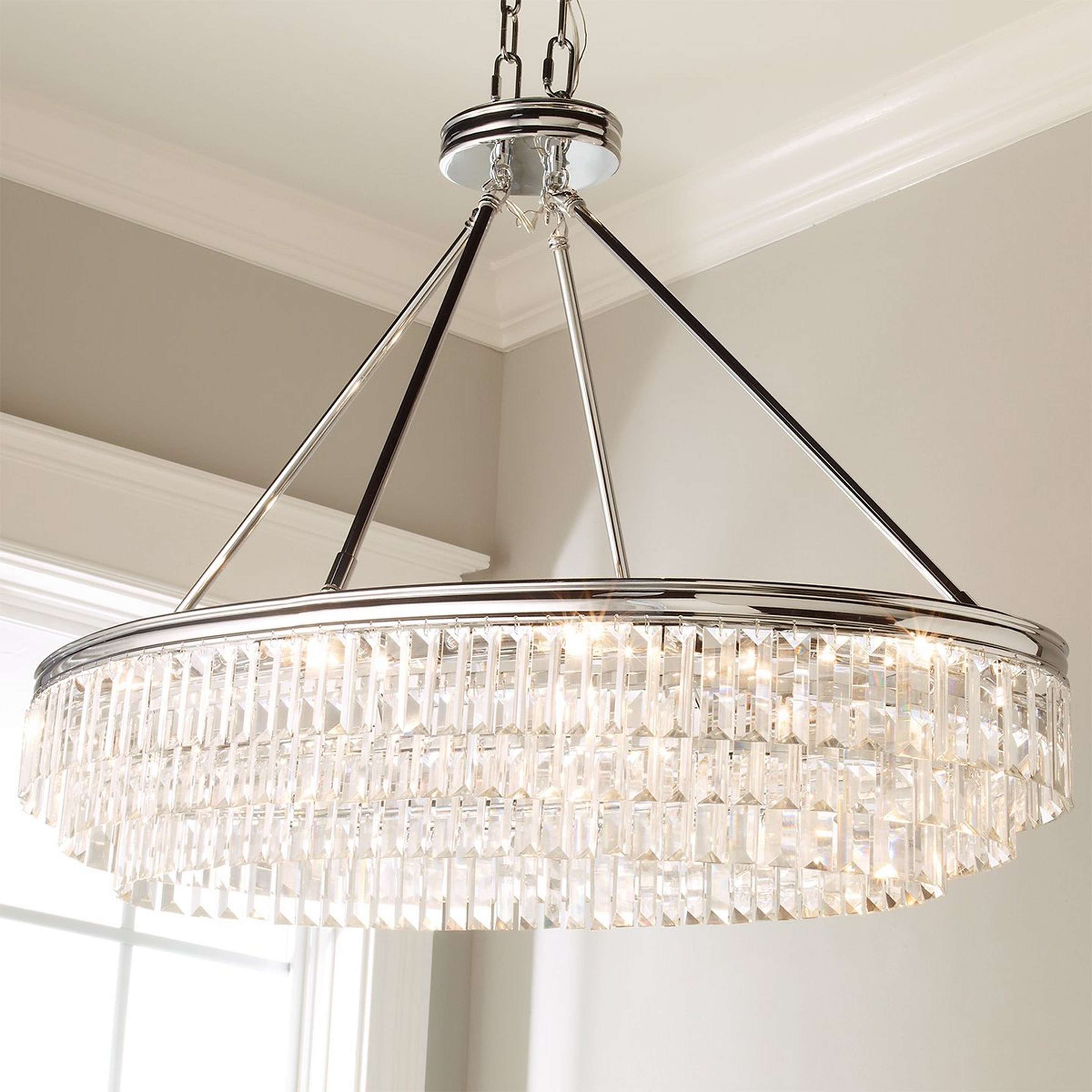 A Faceted Glass Layered Island Chandelier with Chrome color