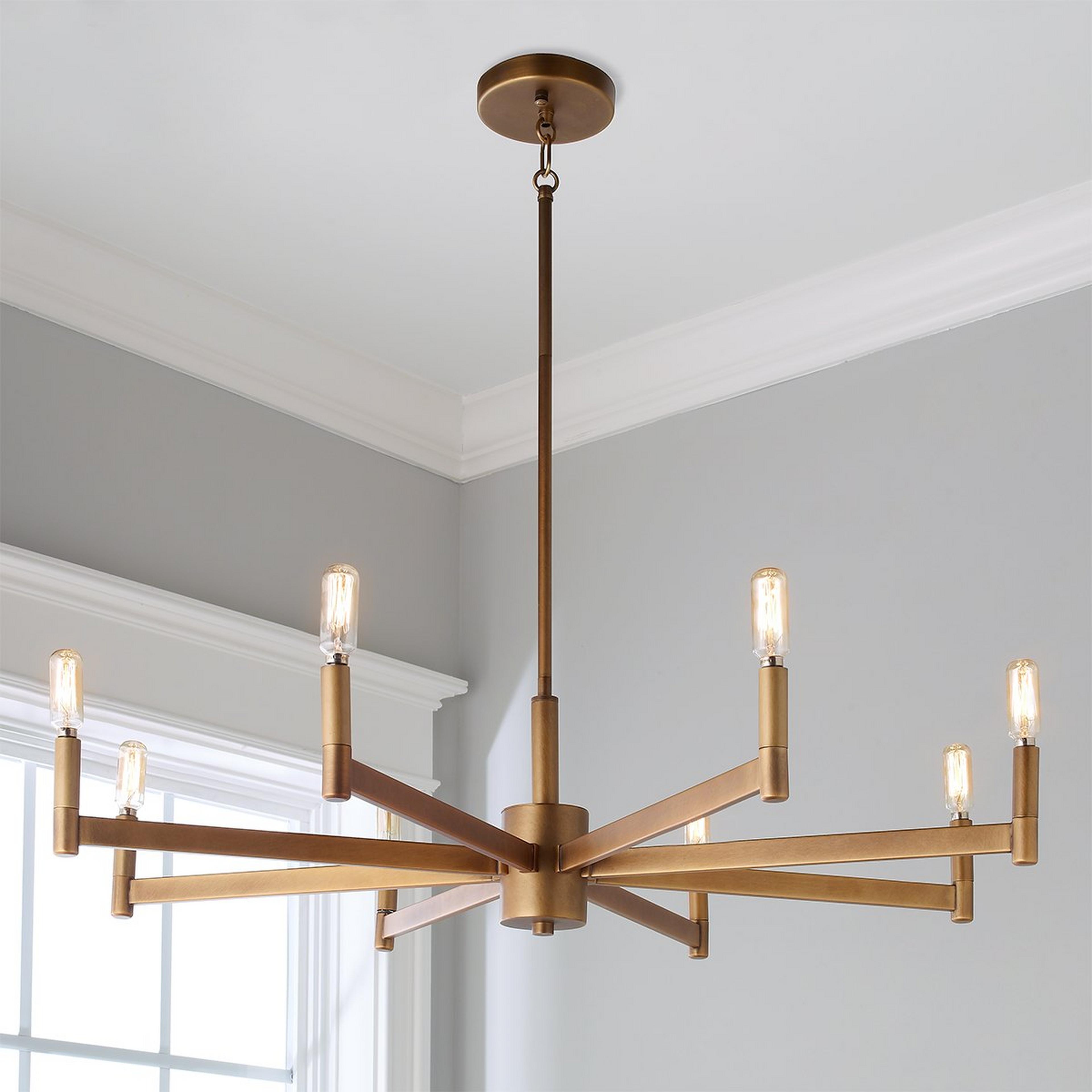 A Sleekly Modern Squared Chandelier - 8 Light with Natural Brass color