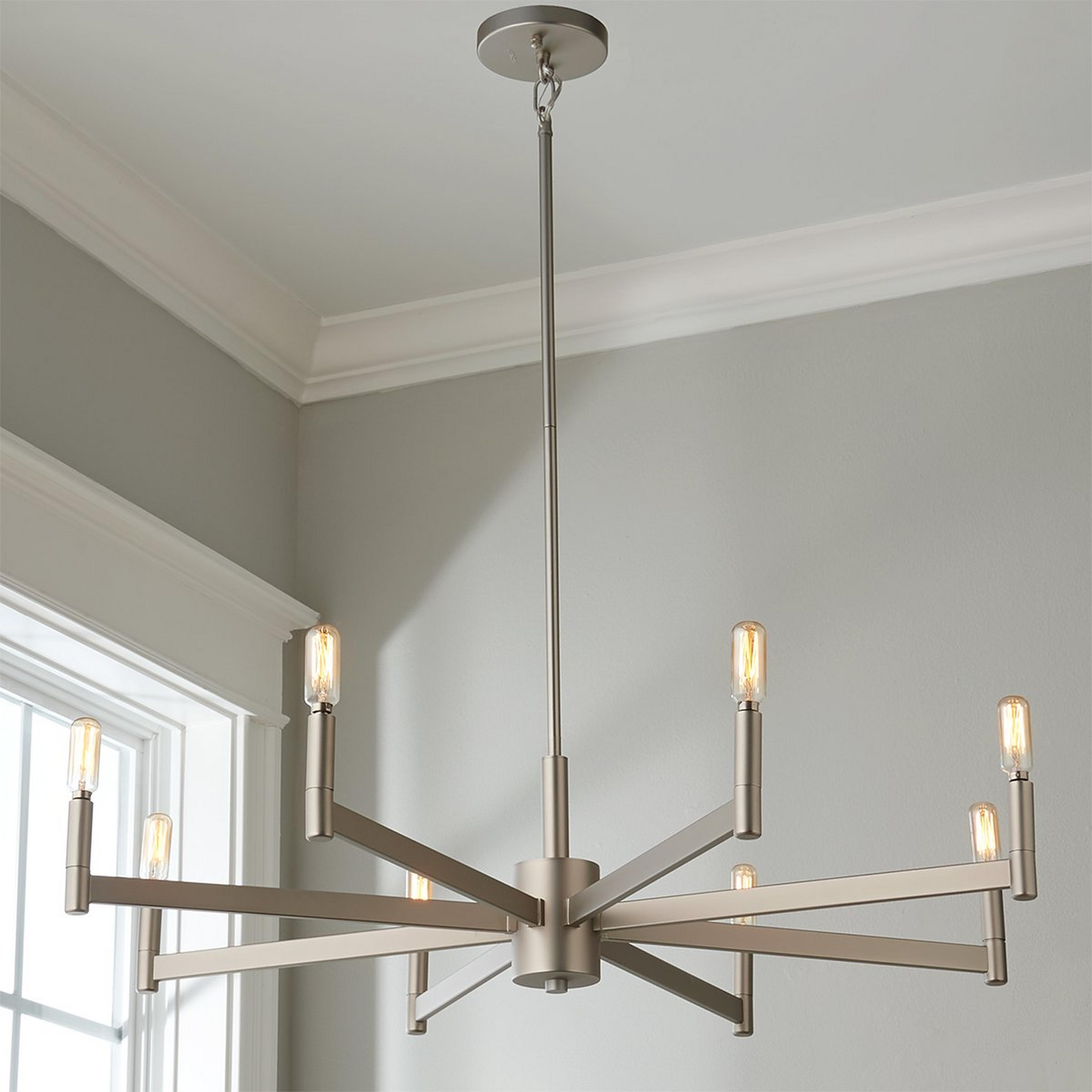 A Sleekly Modern Squared Chandelier - 8 Light with Satin Nickel color