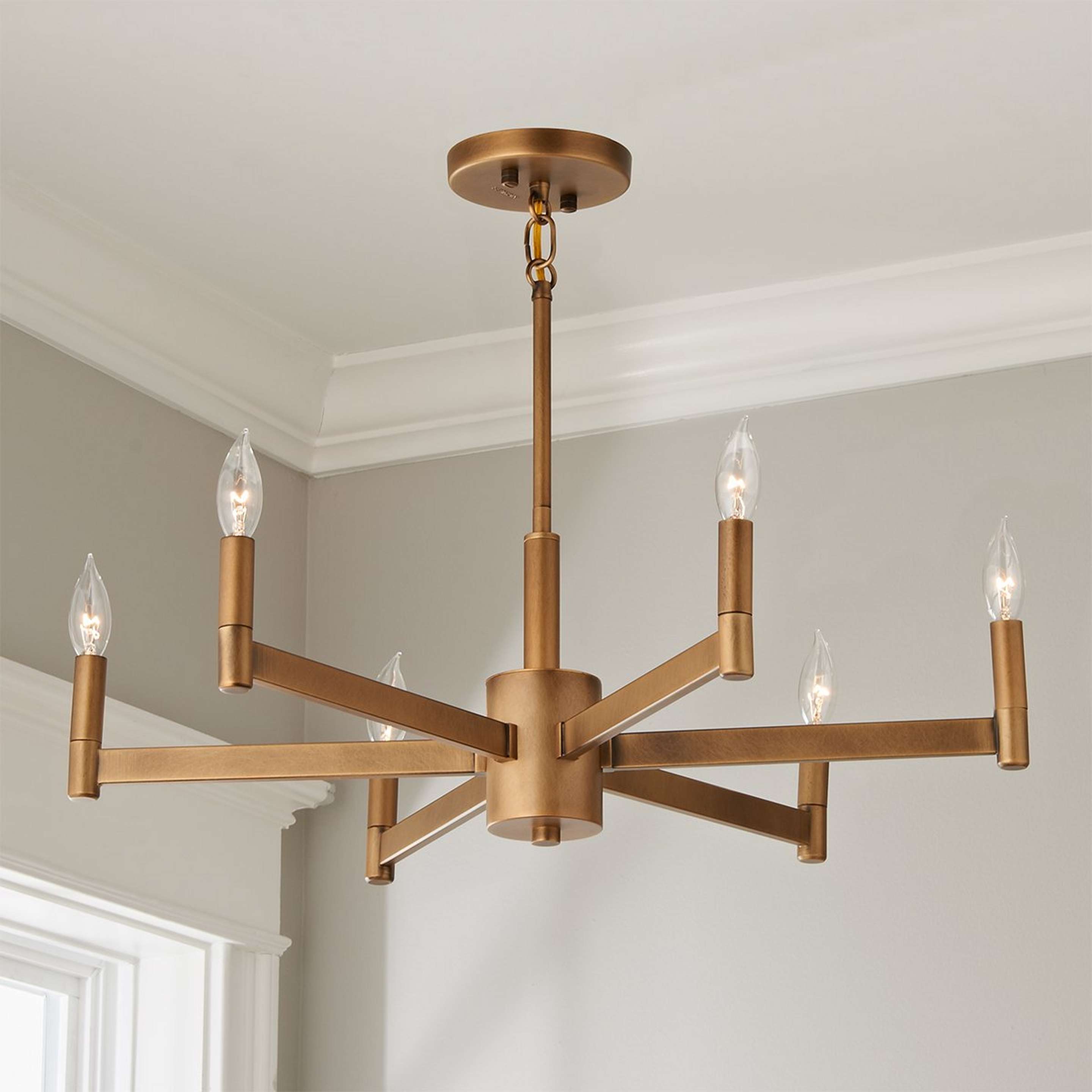 A Sleekly Modern Squared Chandelier - 6 Light with Natural Brass color