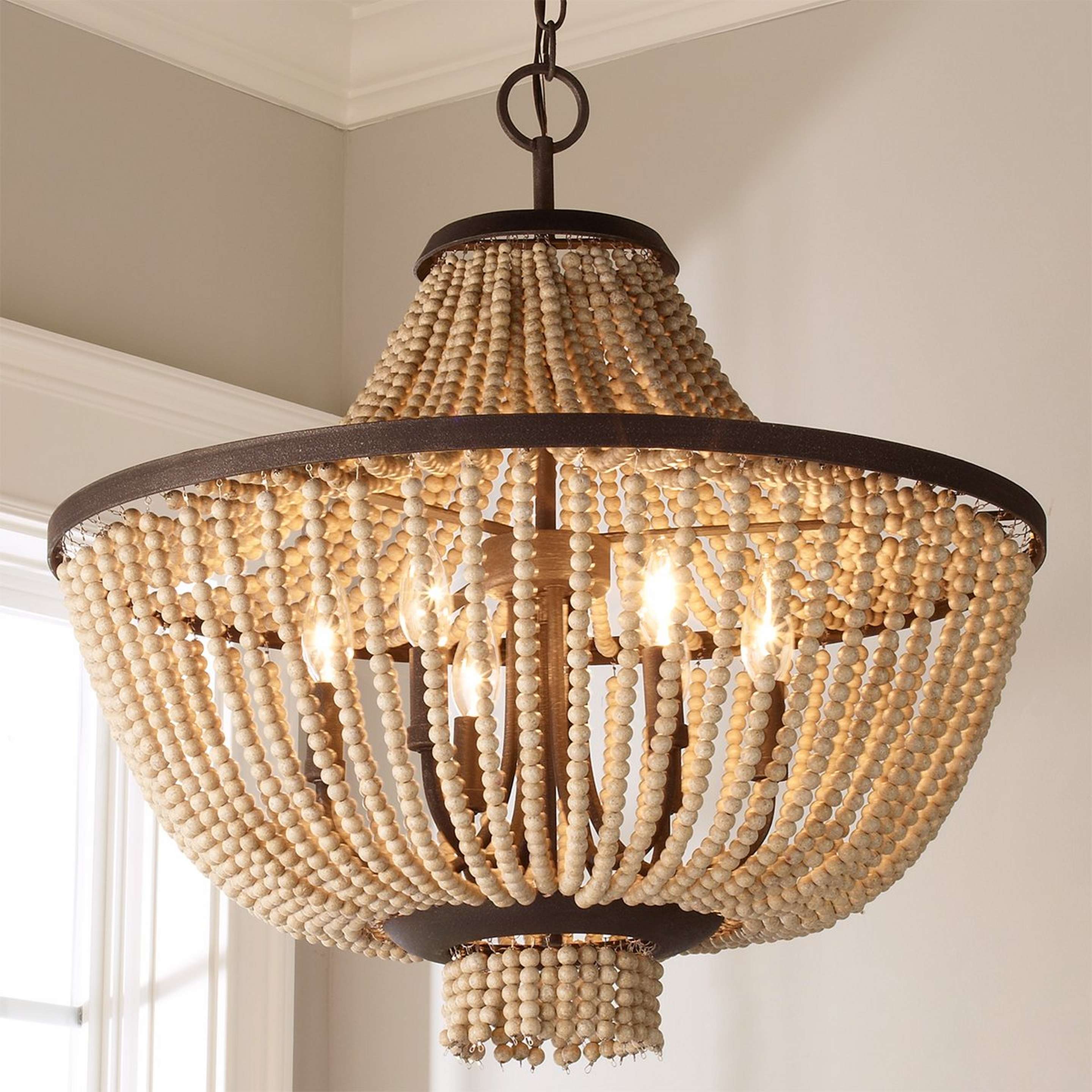 A Beaded Farmhouse Chandelier - 6 Light with Distressed Black / Distressed Antique White color