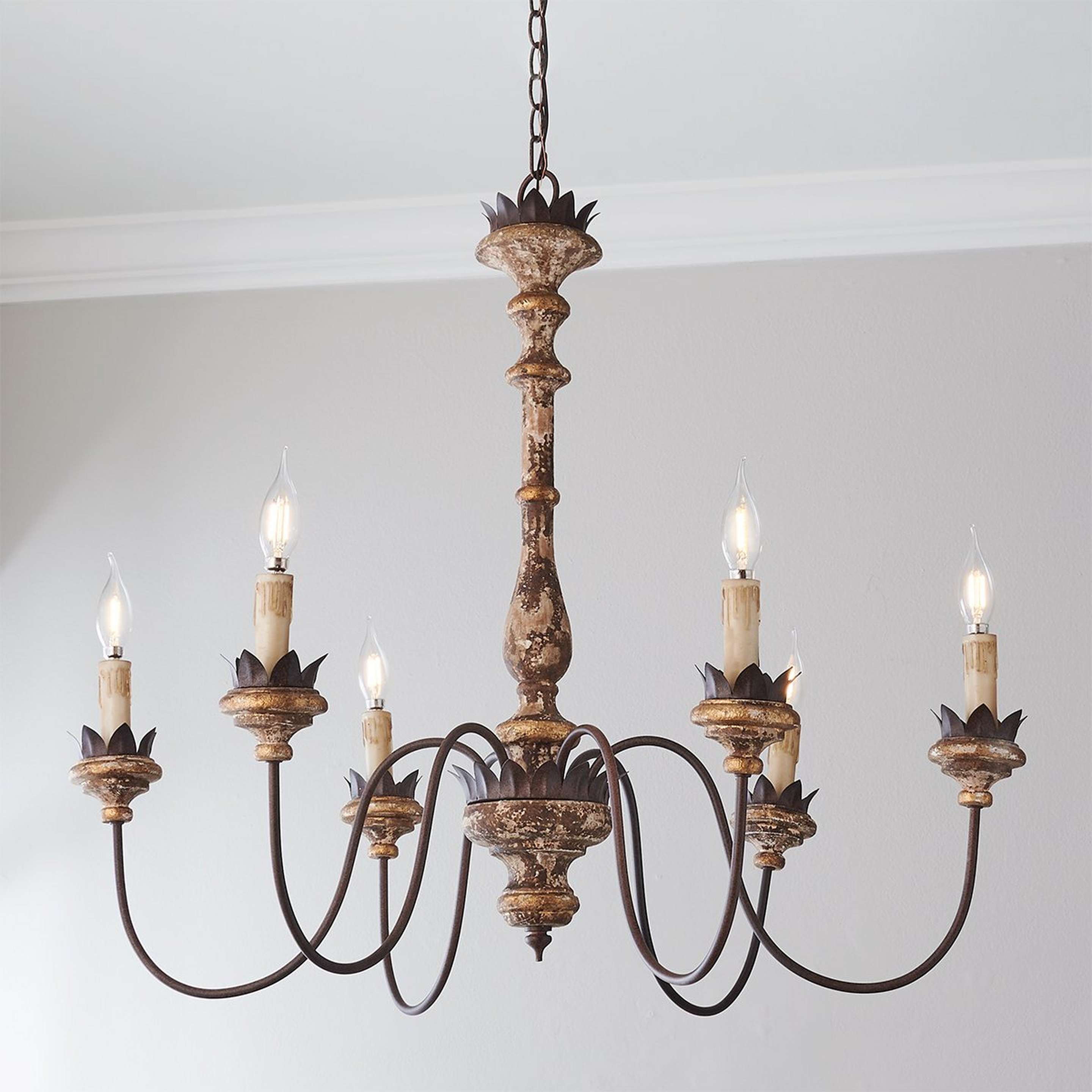 A Weathered Cottage Chandelier with Rusted Iron / Weathered Sepia color