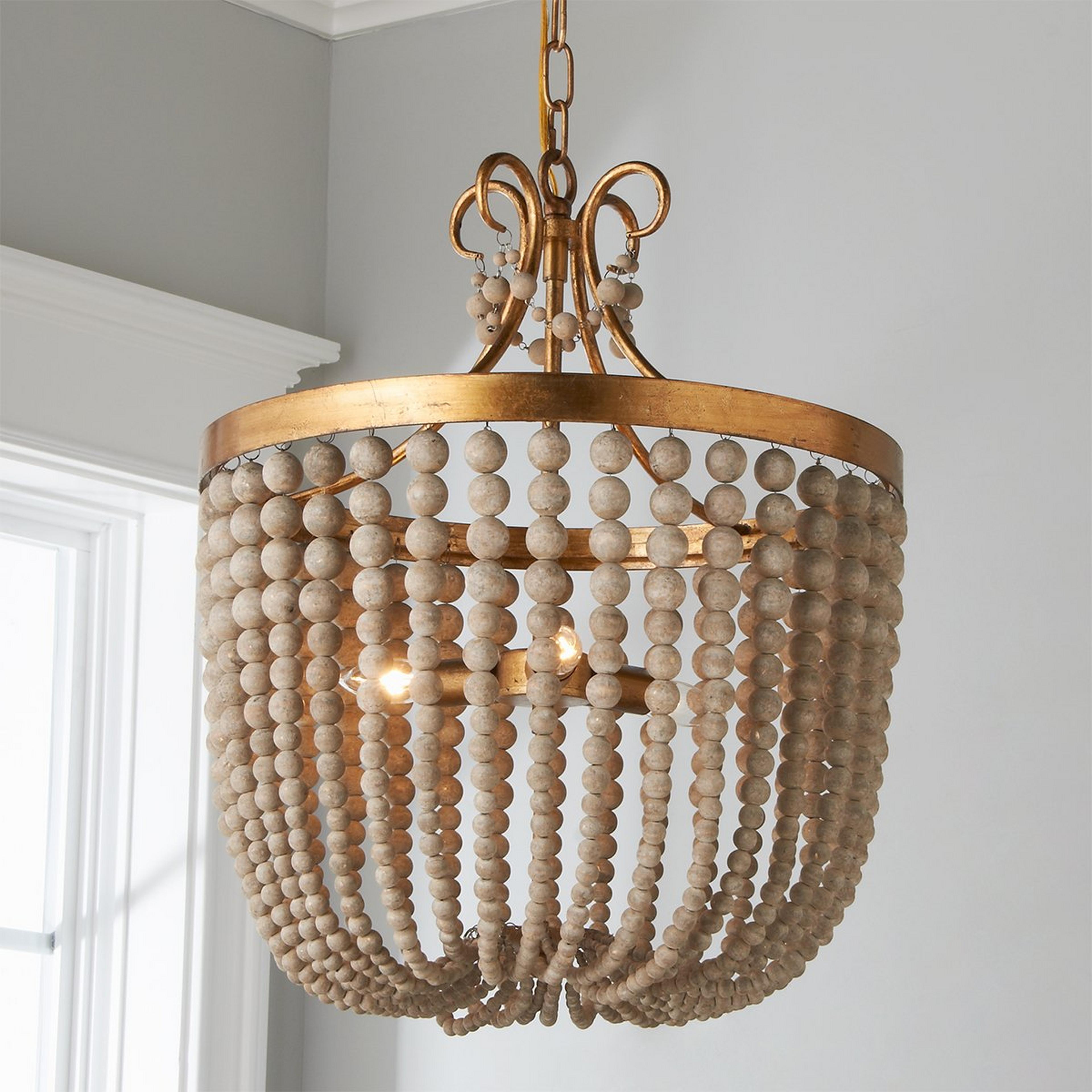 A Rustic Glam Draped Chandelier - 3 Light with Antique Gold / Aged Wood color