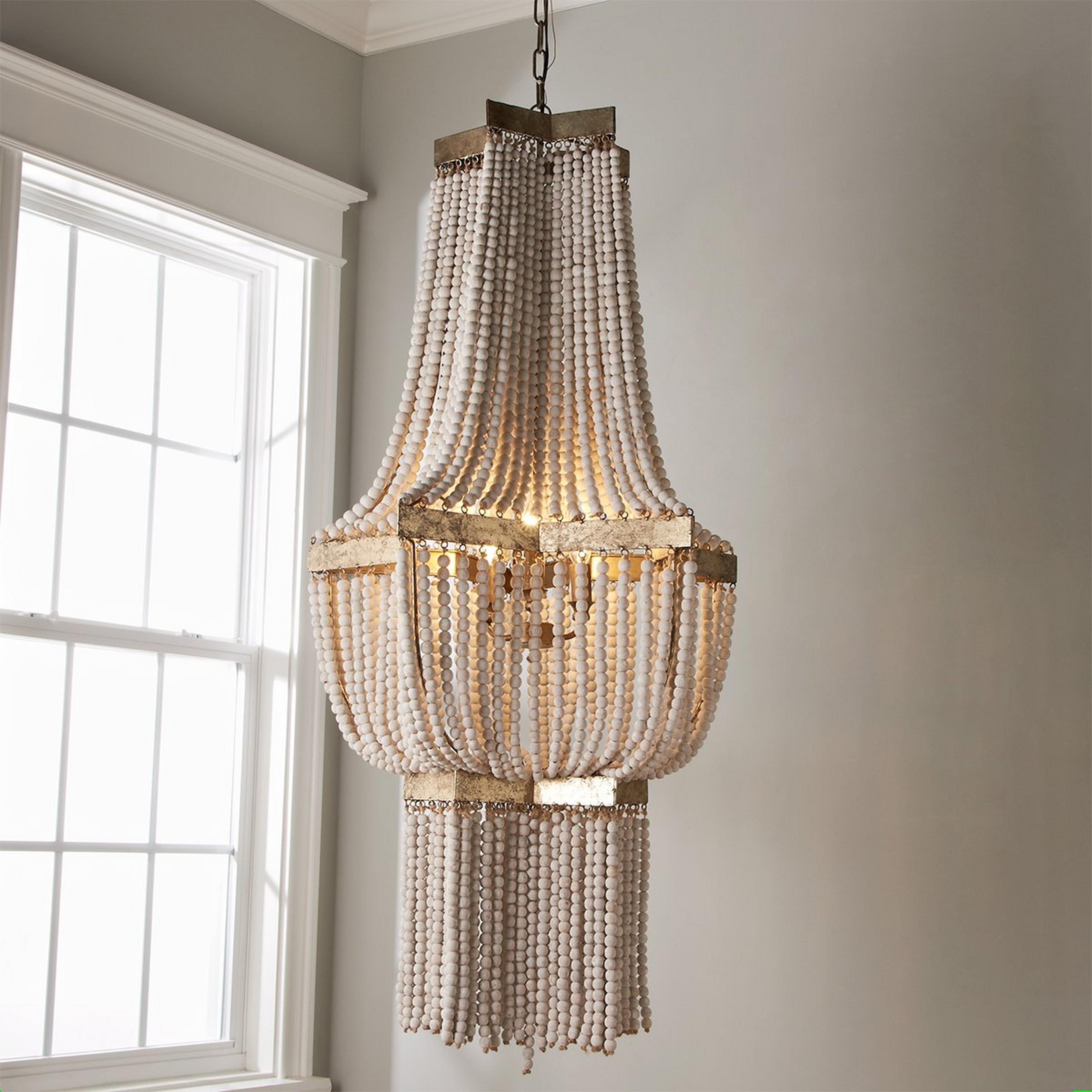 A Valencia Wood Bead Chandelier - Large with Antiqued Gold Leaf / Whitewashed Wood  color