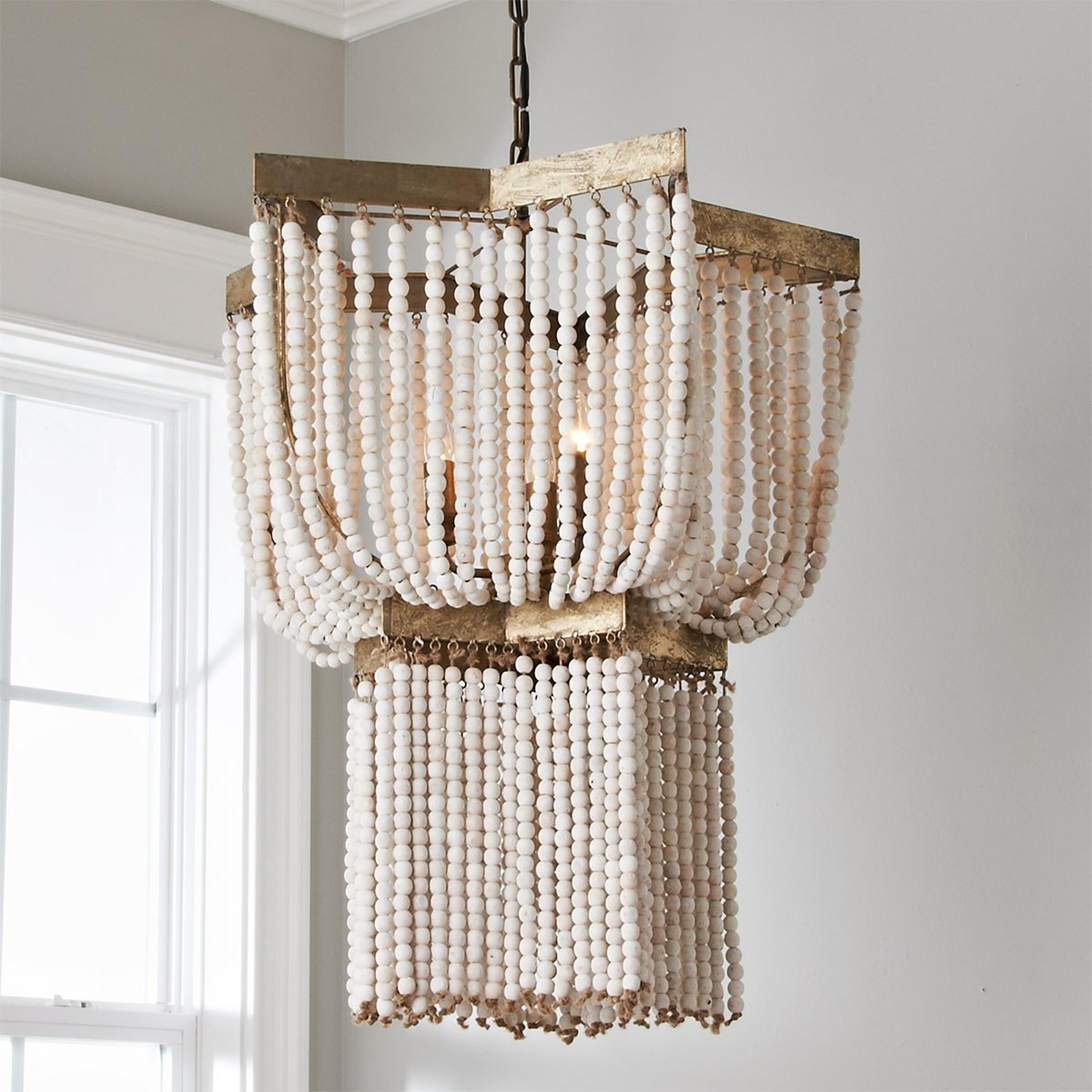A Valencia Wood Bead Chandelier - Small with Antiqued Gold Leaf / Whitewashed Wood color