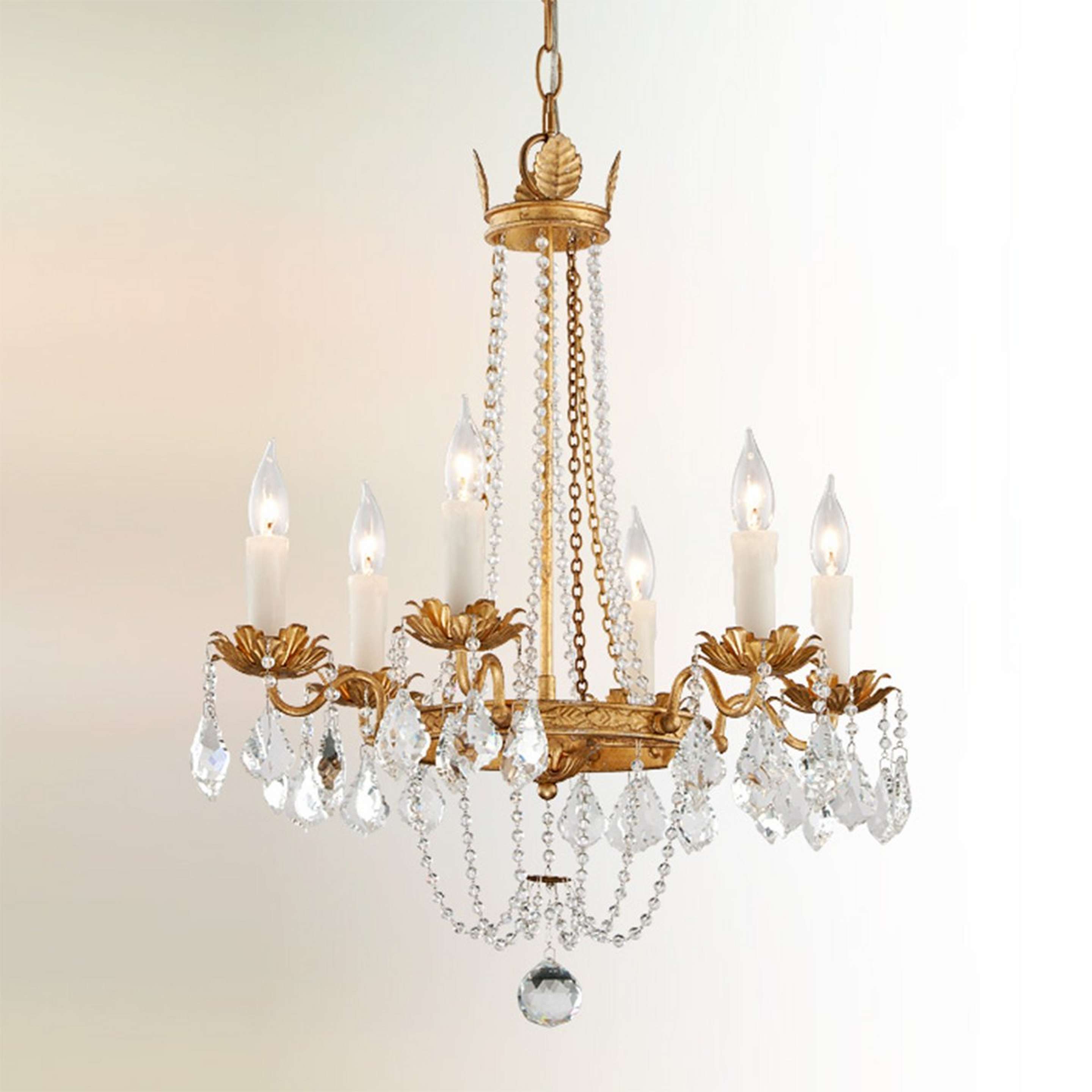 A Classic Crystal Glam Chandelier - 6 Light with Distressed Gold Leaf color