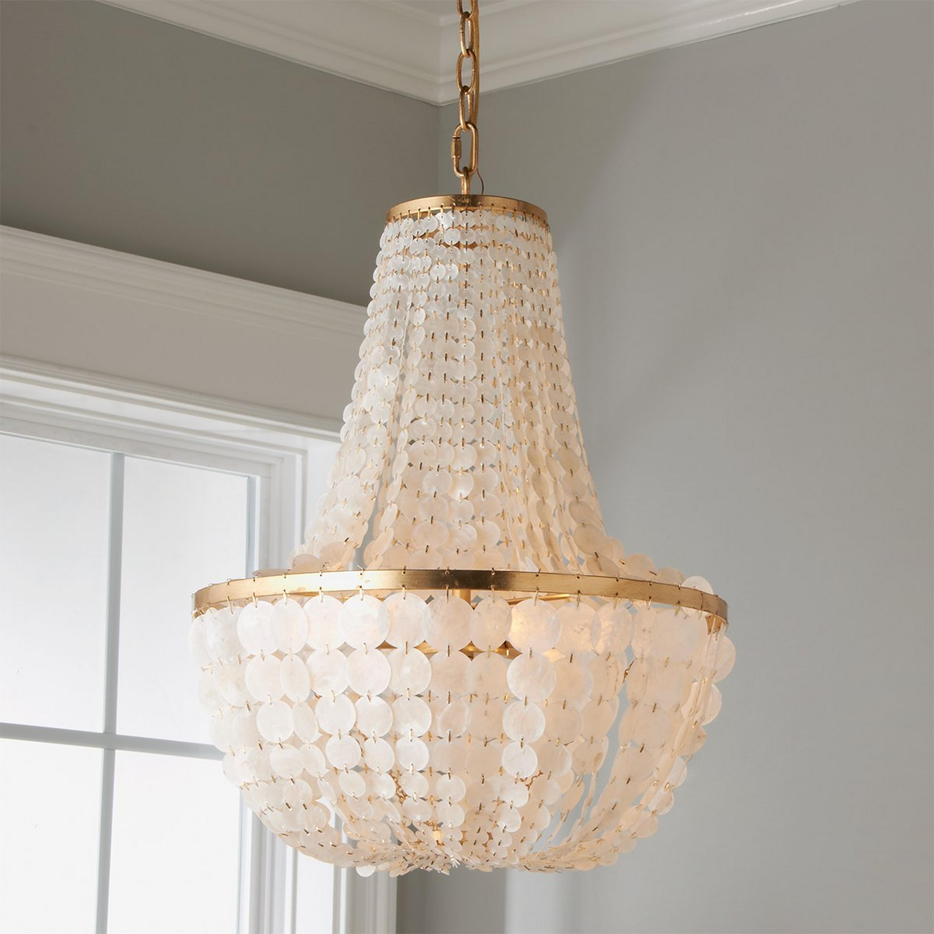 A Elegant Capiz Shell Basket Chandelier with Antique Gold / White color