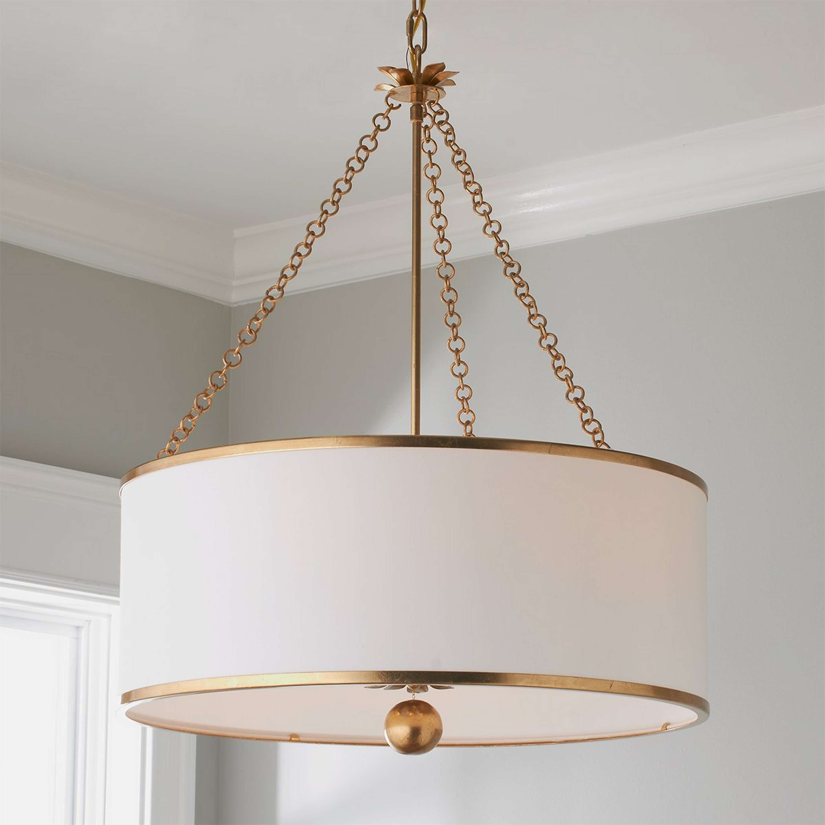 A Olive Leaf Drum Shade Chandelier - 6 Light with Antique Gold / White color