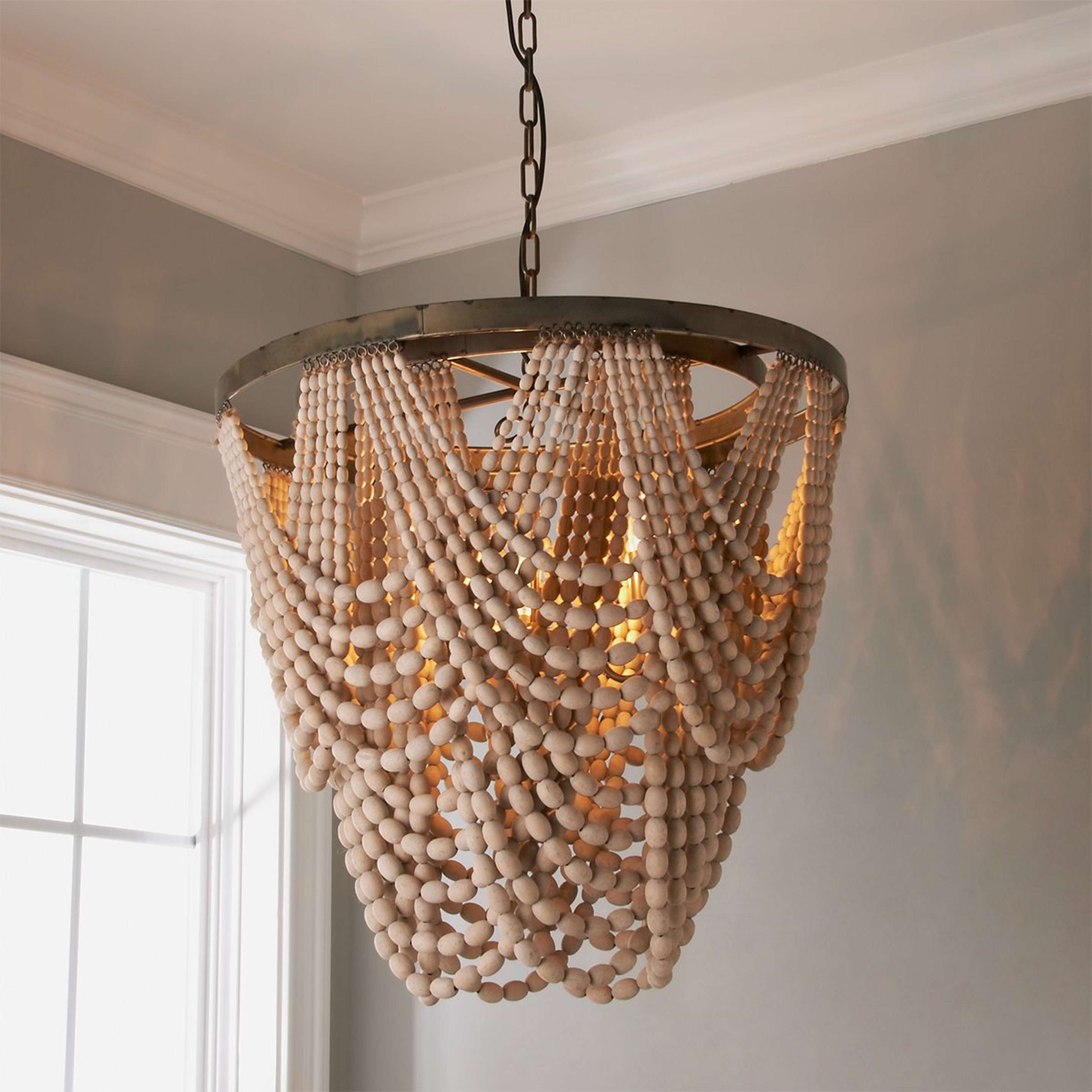 A Beaded Drape Curl Chandelier with Rustic Gold / Natural White color