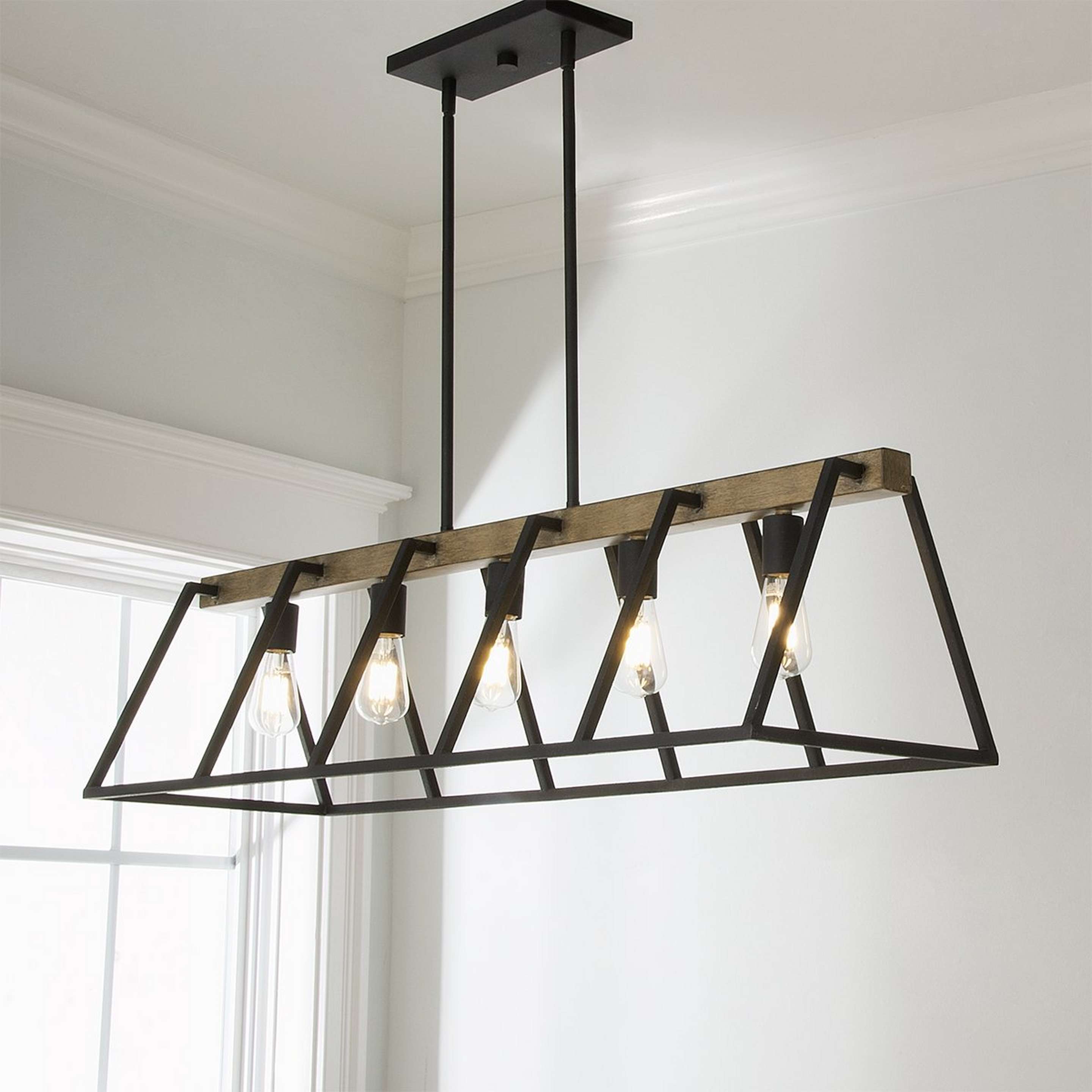 A Open Frame Island Chandelier with Rustic Black / Faux Wood color