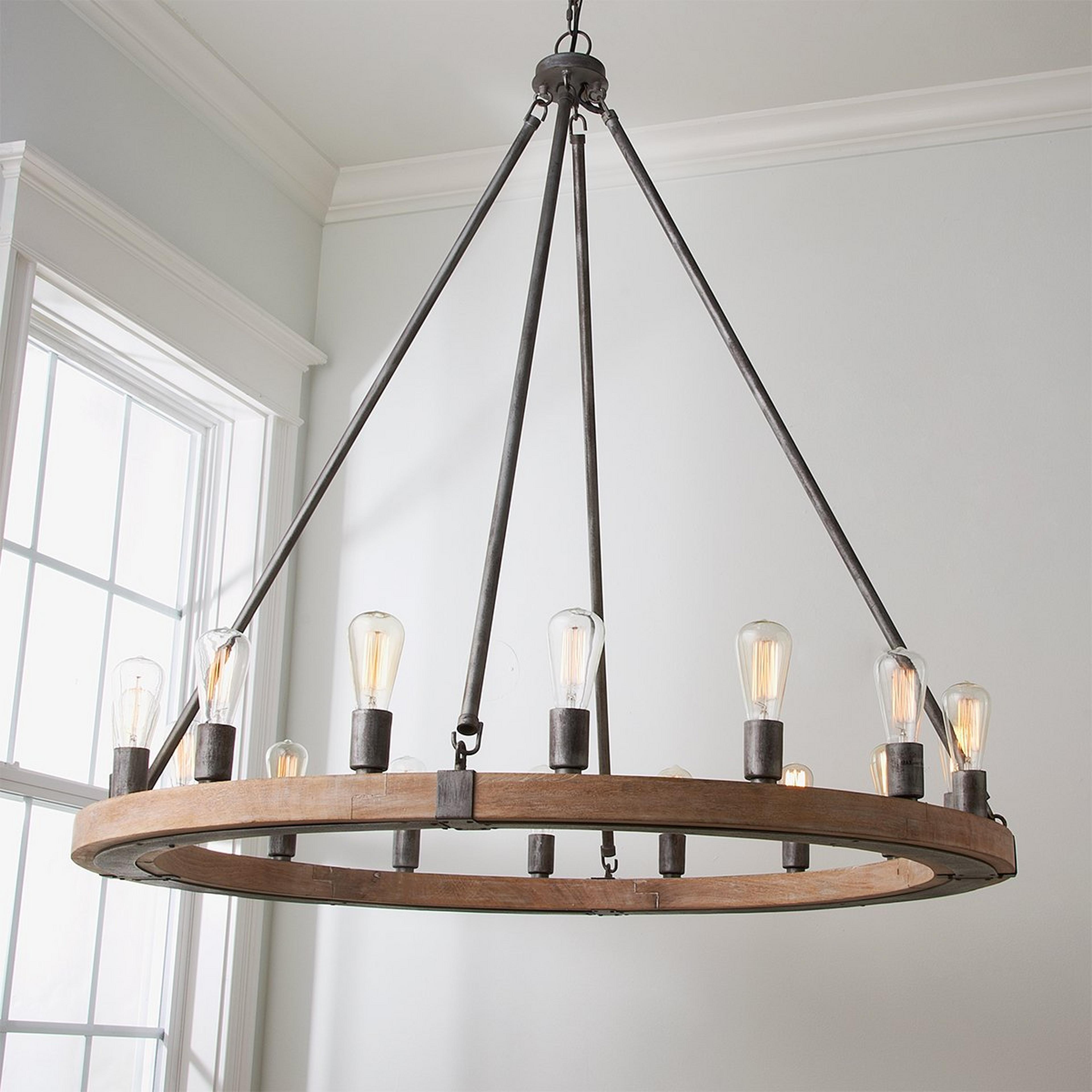 A Industrial Farmhouse Ring Chandelier - 16 Light with Gray Wash Iron / Wood color