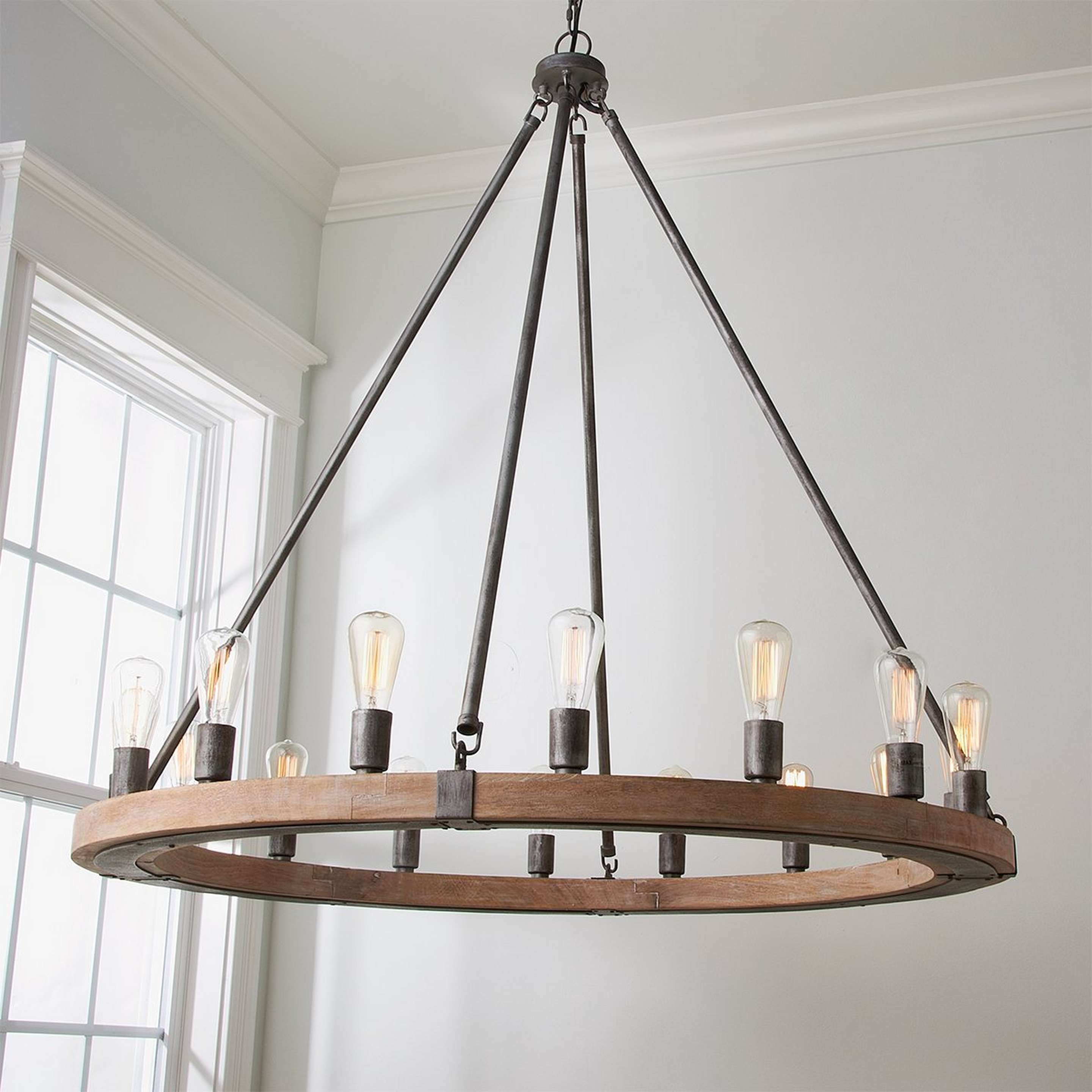 A Industrial Farmhouse Ring Chandelier - 16 Light with Gray Wash Iron / Wood color