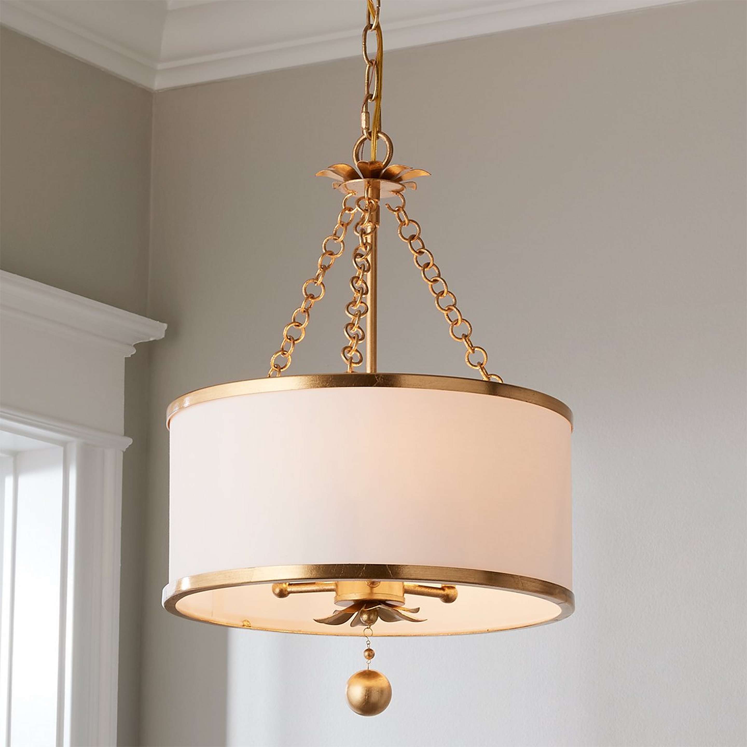 A Olive Leaf Drum Shade Chandelier - 3 Light with Antique Gold / White color
