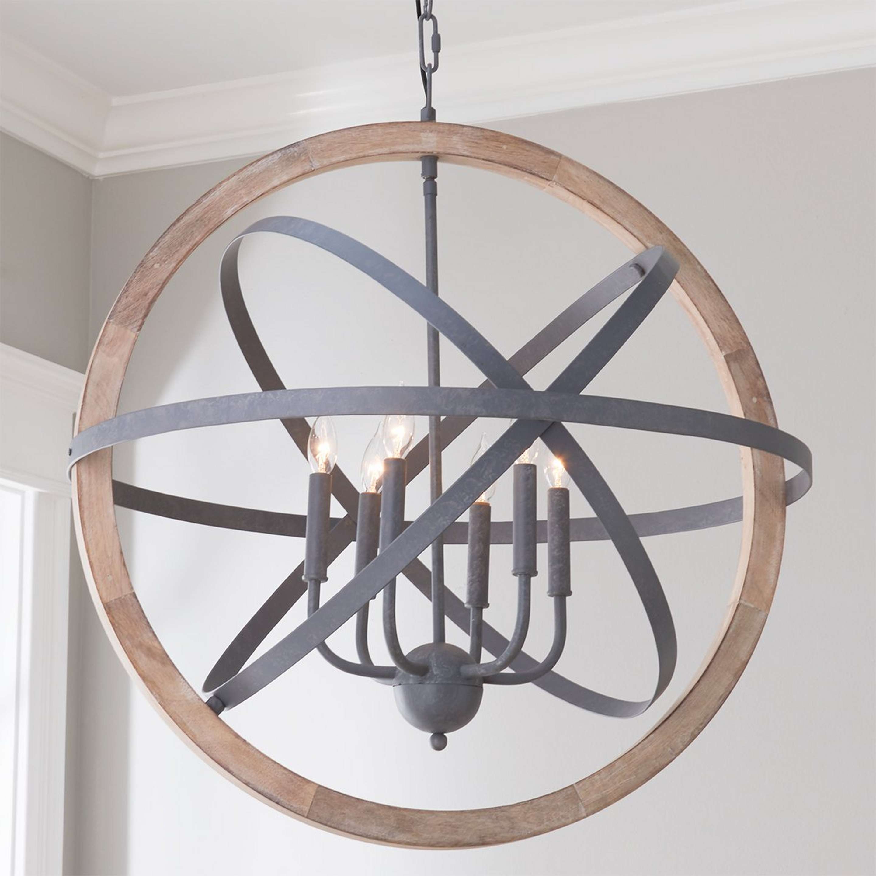 A Down to Earth Chandelier with Iron / Light Wood color