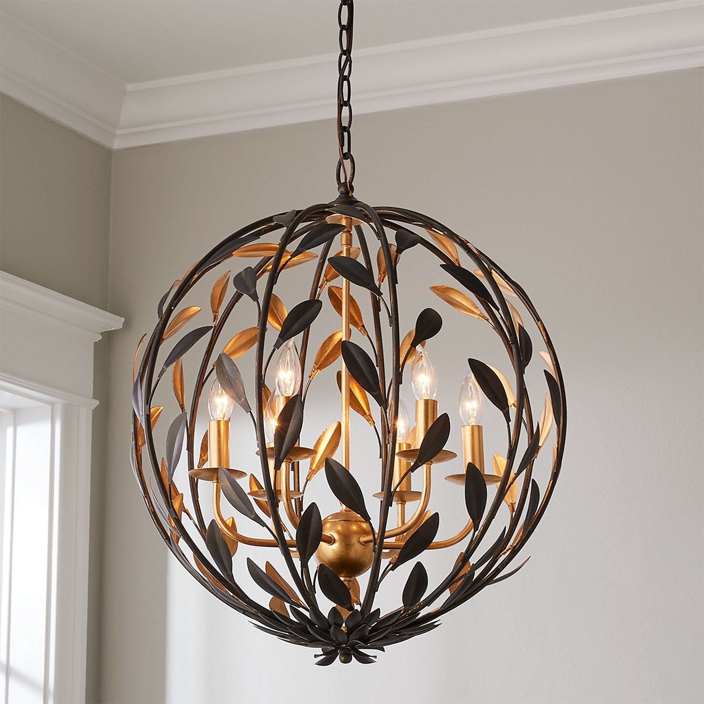 A Olive Leaf Blooming Sphere Chandelier – Large with Bronze / Aged Gold color