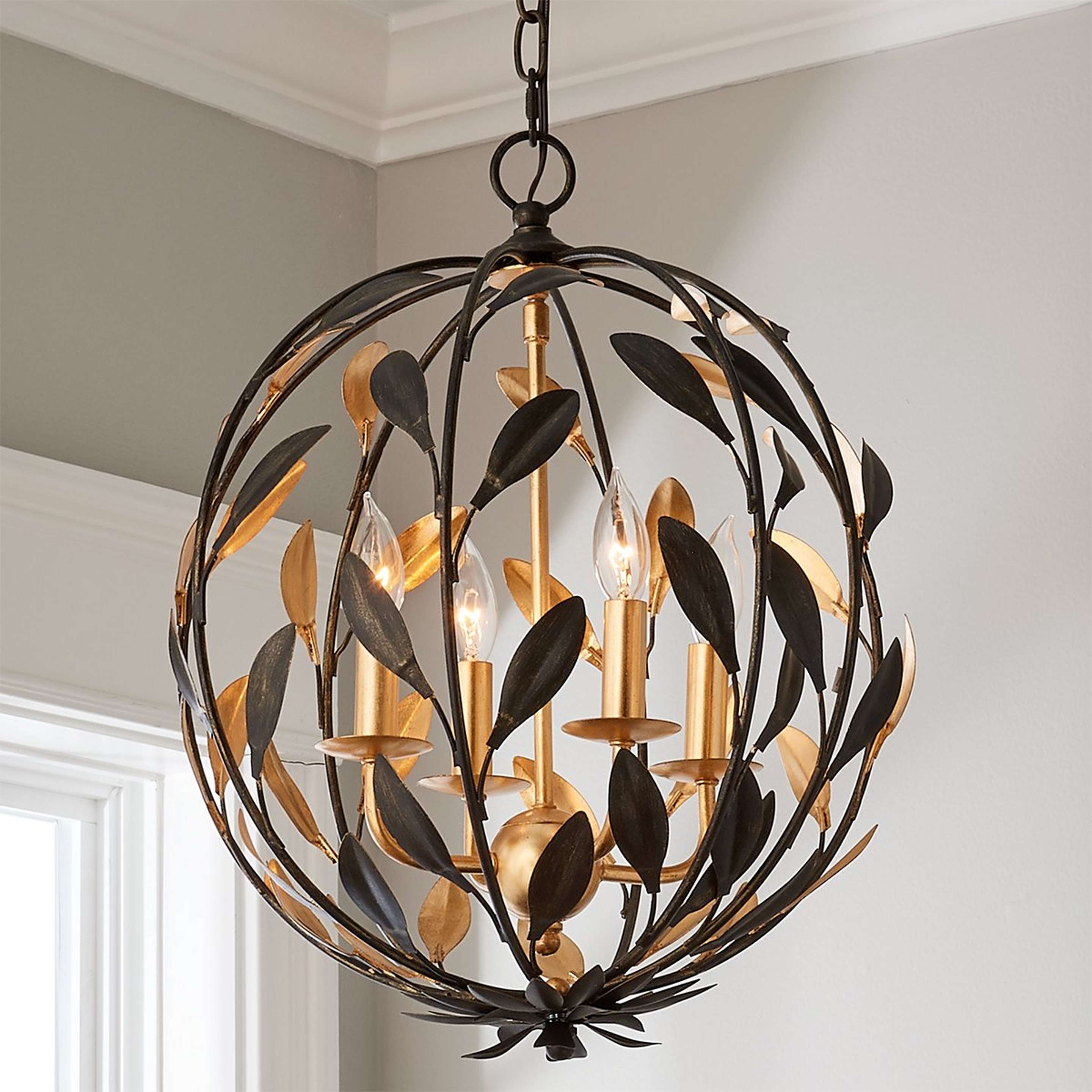 A Olive Leaf Blooming Sphere Chandelier – Small with Bronze / Aged Gold color