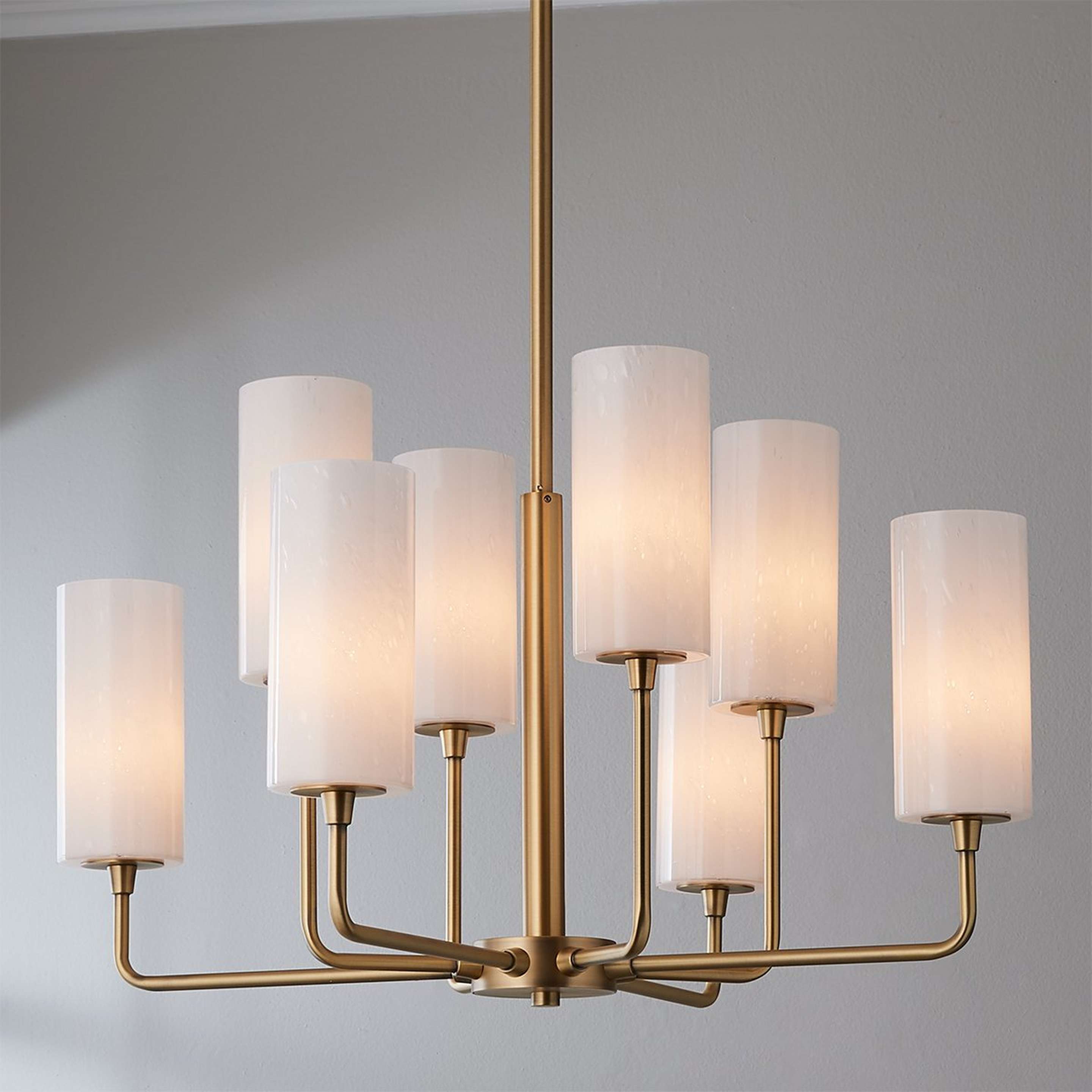 A Thayer Chandelier - 8 Light with Aged Brass / Opaque Seeded Glass color