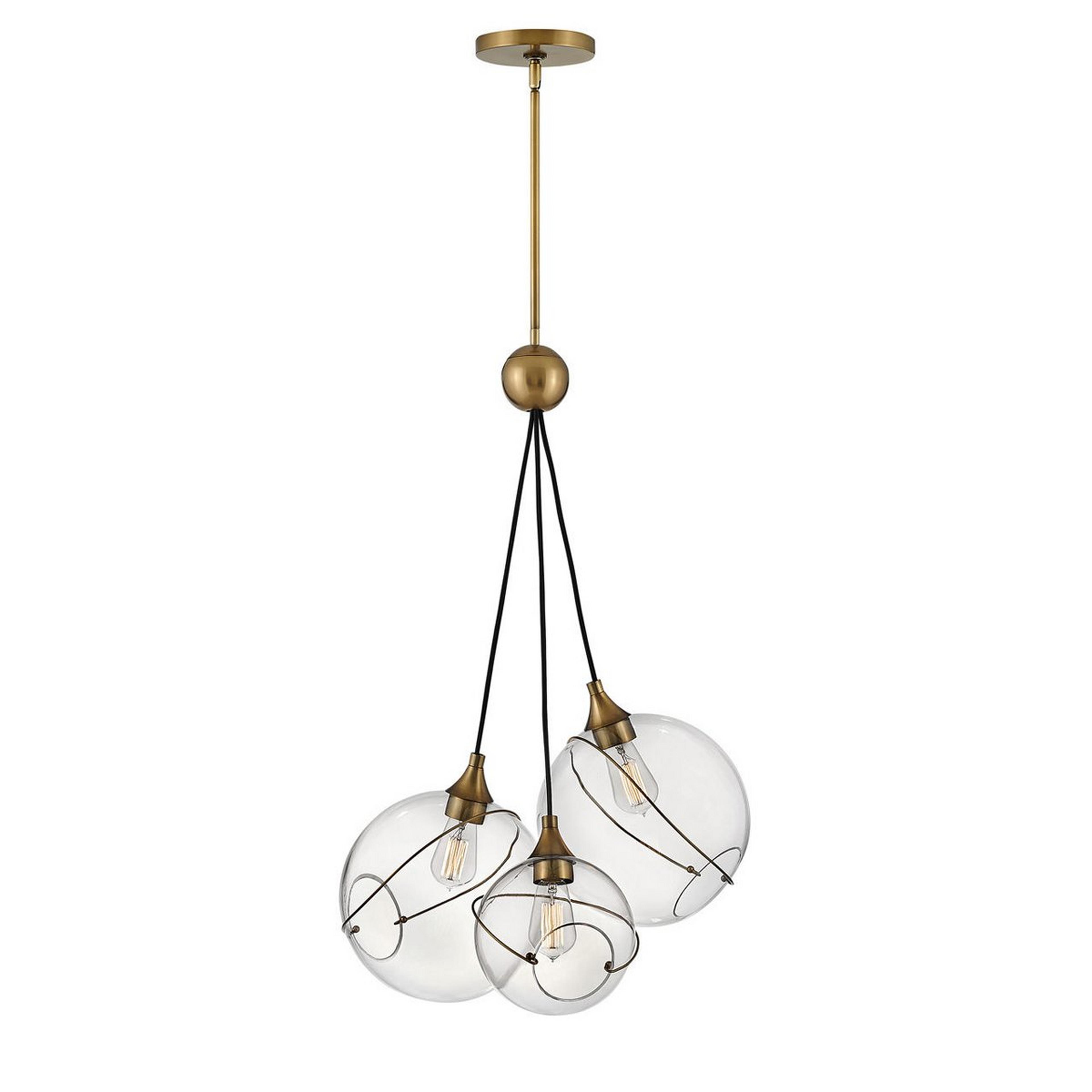 A Open Orbit Clear Glass Chandelier - 3 Light with Aged Brass / Clear Glass / Black color