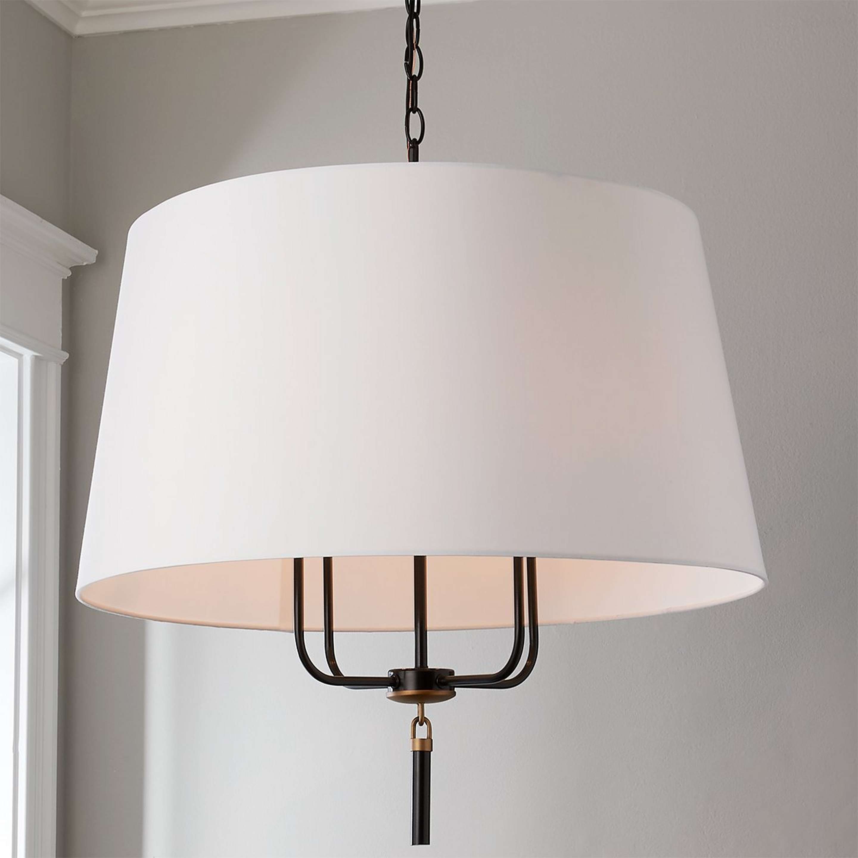 A Gideon Shaded Chandelier with Glossy Black / White / Aged Brass color