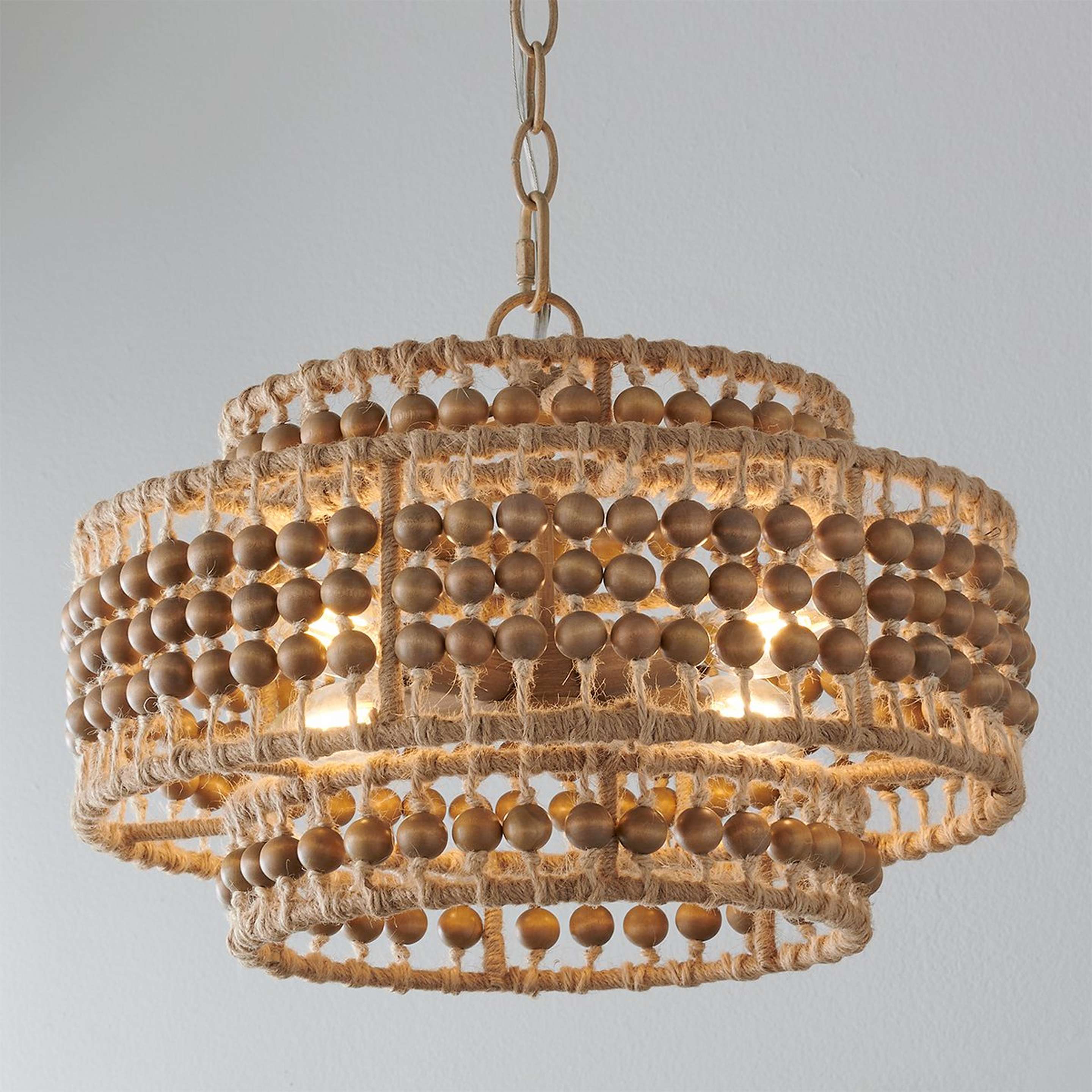 A Beaded Bliss Drum Chandelier with Brushed Khaki / Natural Wood Bead color