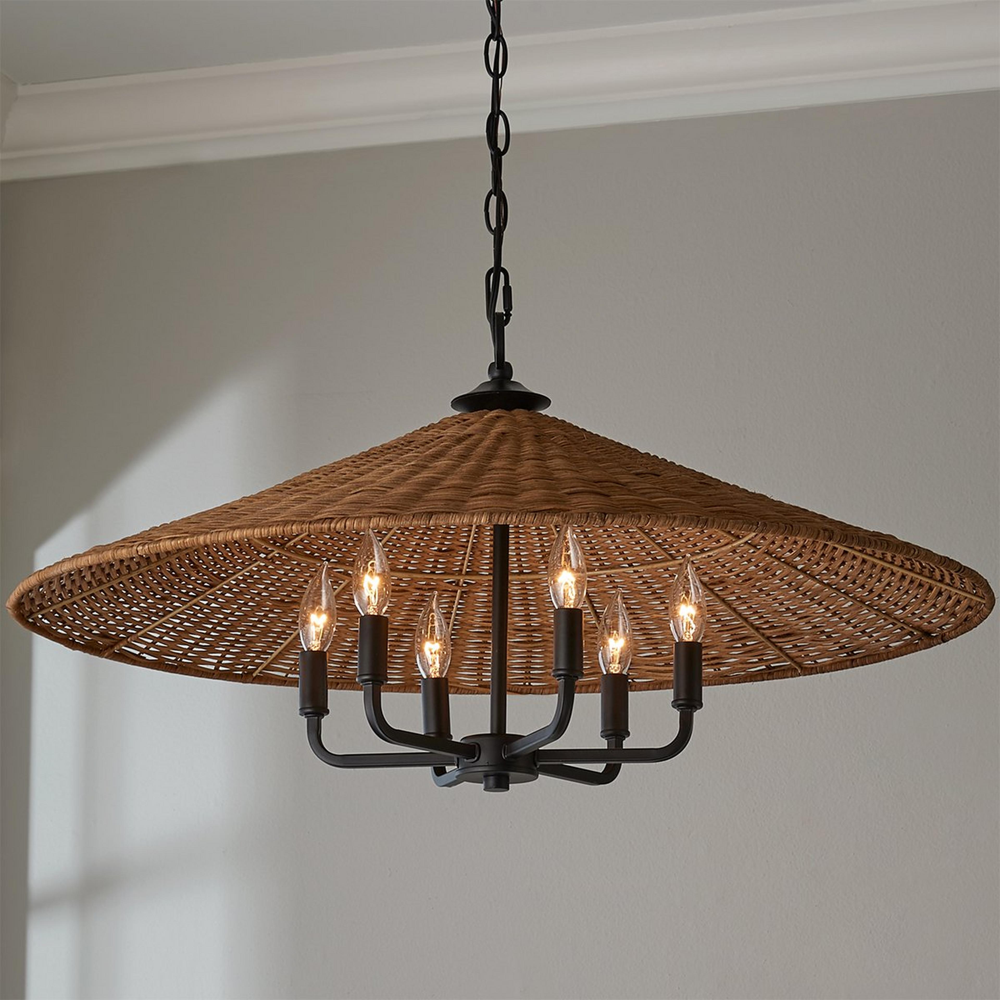 A Rattan Shade Chandelier with Black / Dark Rattan color