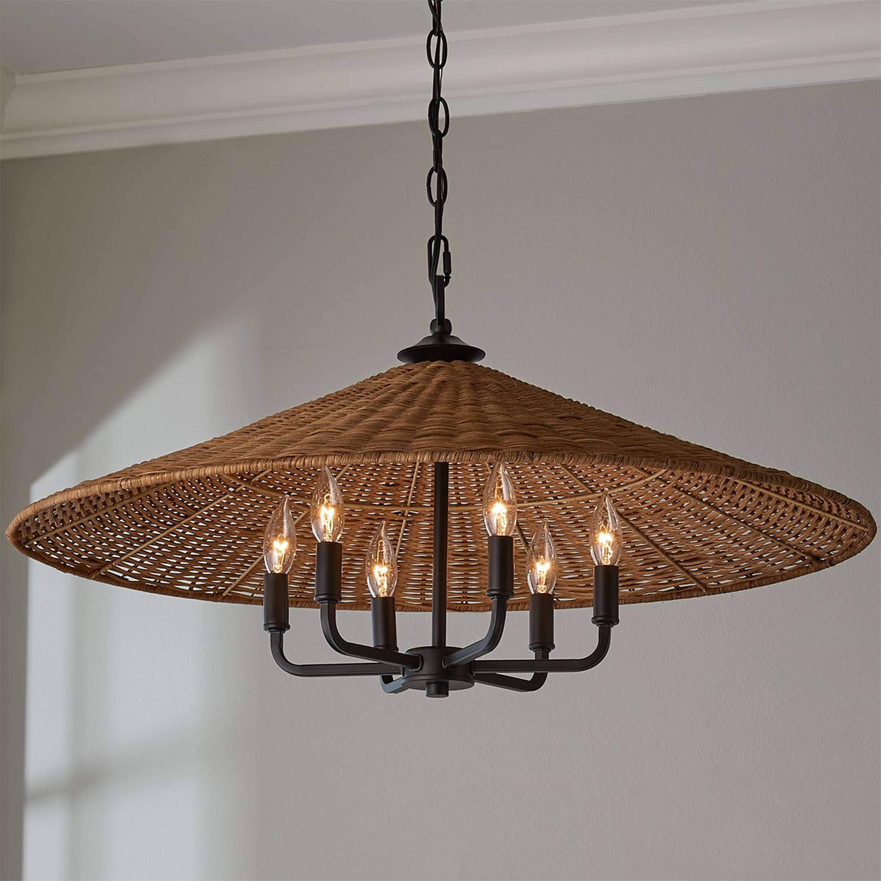 A Rattan Shade Chandelier with Black / Dark Rattan color
