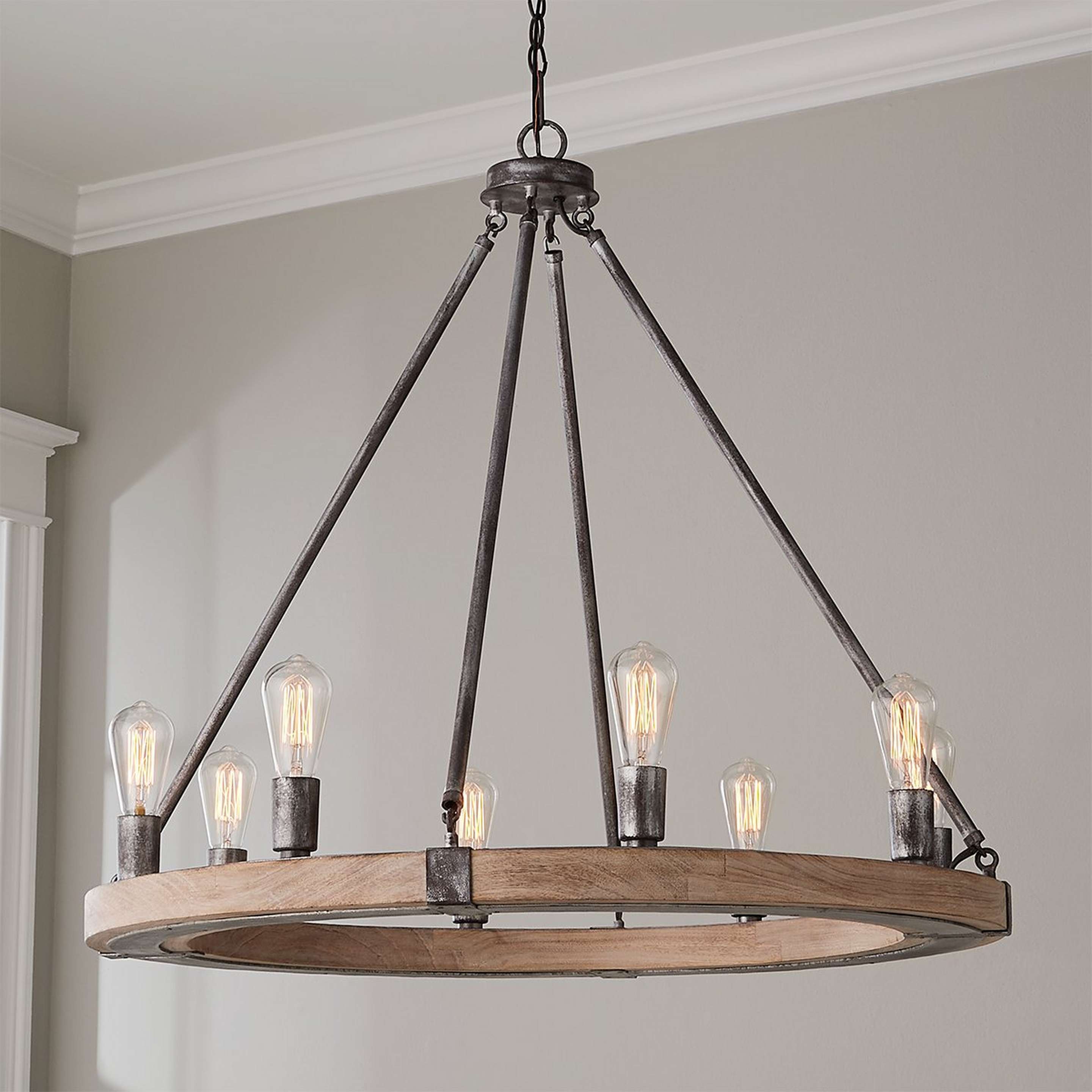 A Industrial Farmhouse Ring Chandelier - 8 Light with Gray Wash Iron / Wood color