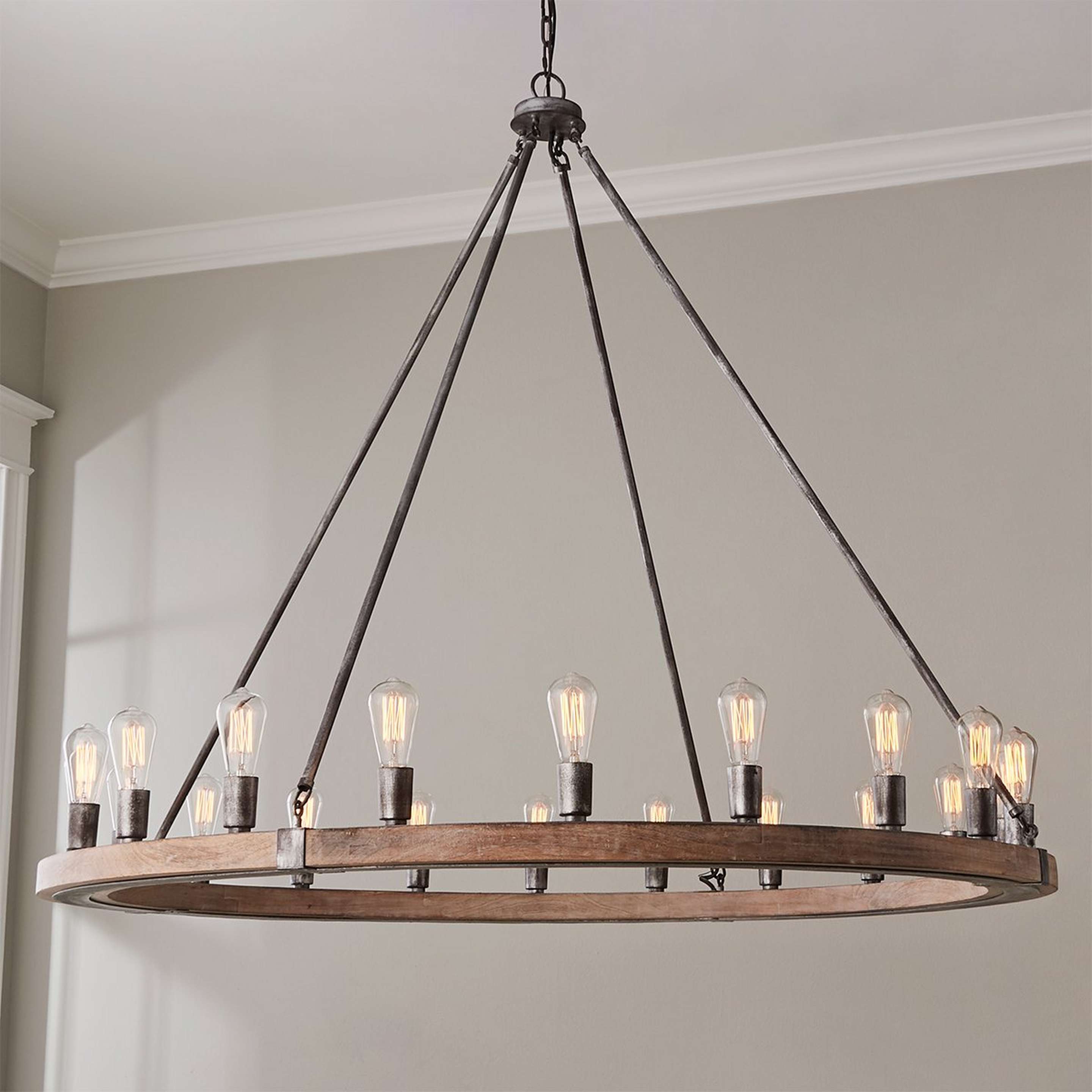 A Industrial Farmhouse Ring Chandelier - 20 Light with Gray Wash Iron / Wood color