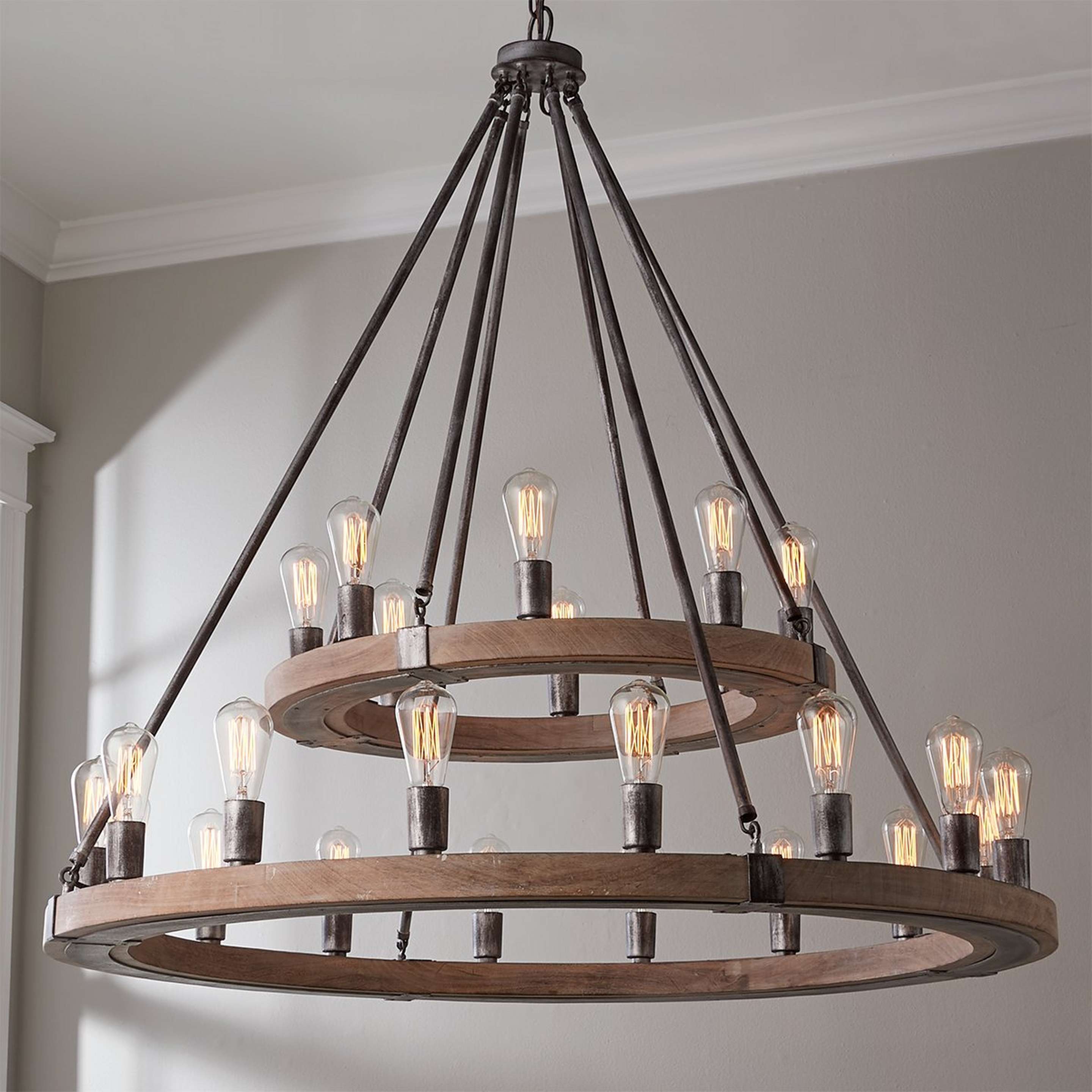 A Industrial Farmhouse Ring Two-Tier Chandelier - 24 Light with Gray Wash Iron / Wood color