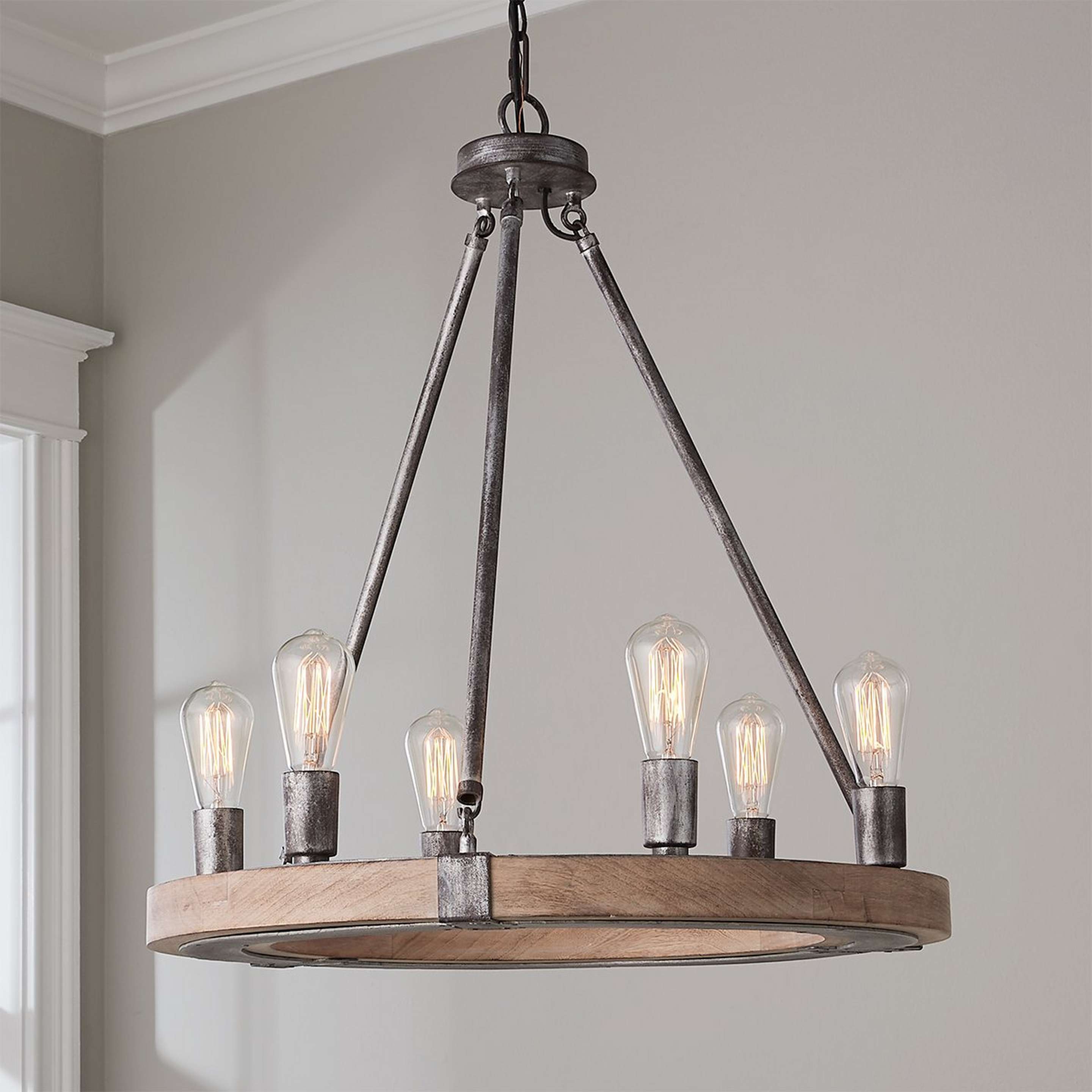 A Industrial Farmhouse Ring Chandelier - 6 Light with Gray Wash Iron / Wood color