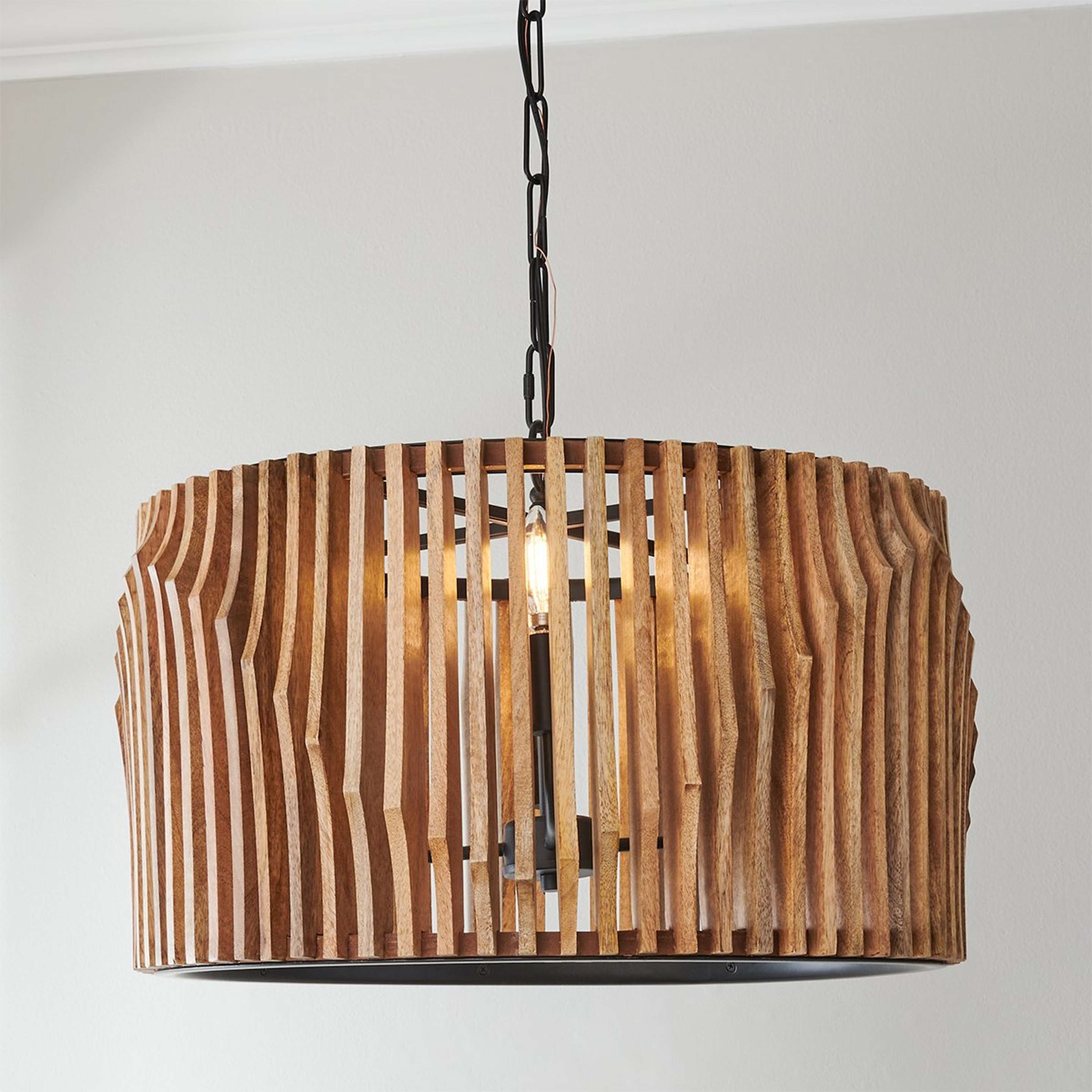 A Maela Drum Chandelier - Small with Matte Black / Mango Wood color
