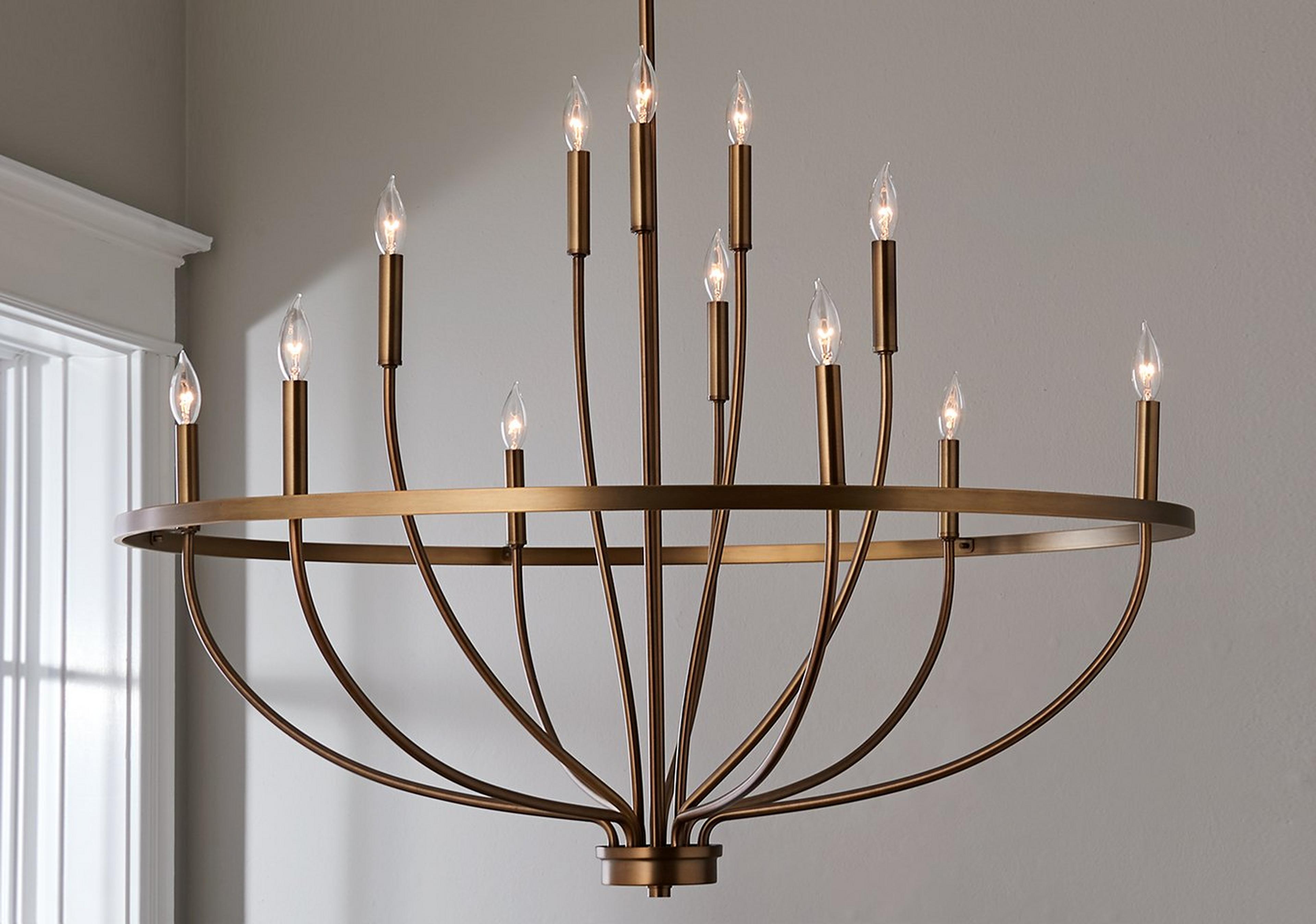 Large Aged Brass Graceful Curve Chandelier