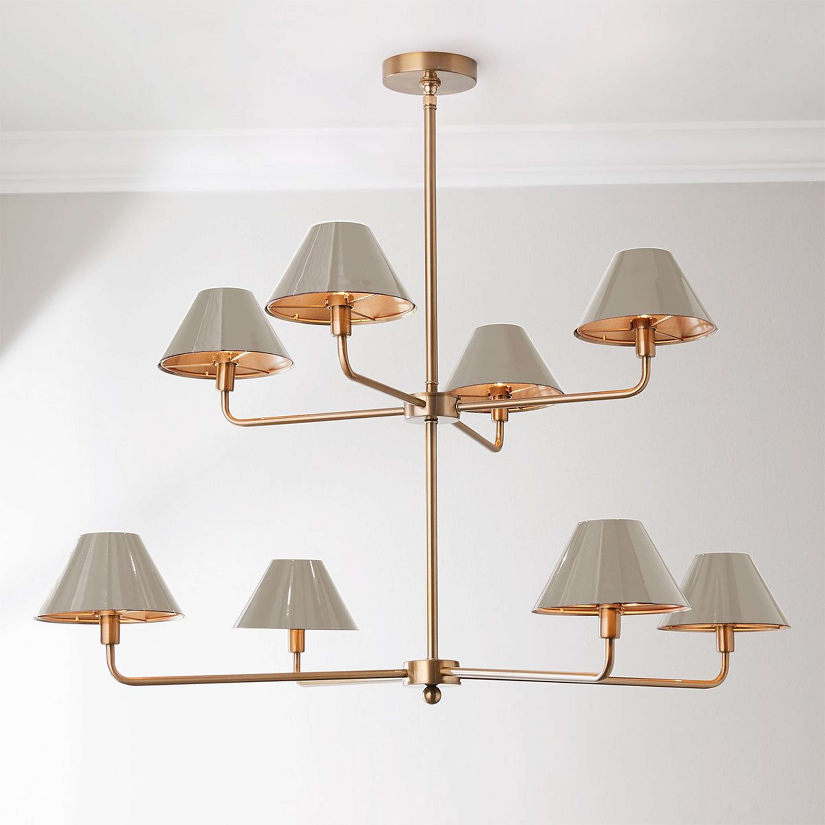 A Chris Loves Julia Edie Two-Tier Chandelier - 8 Light with Brass / Gloss Warm Gray color
