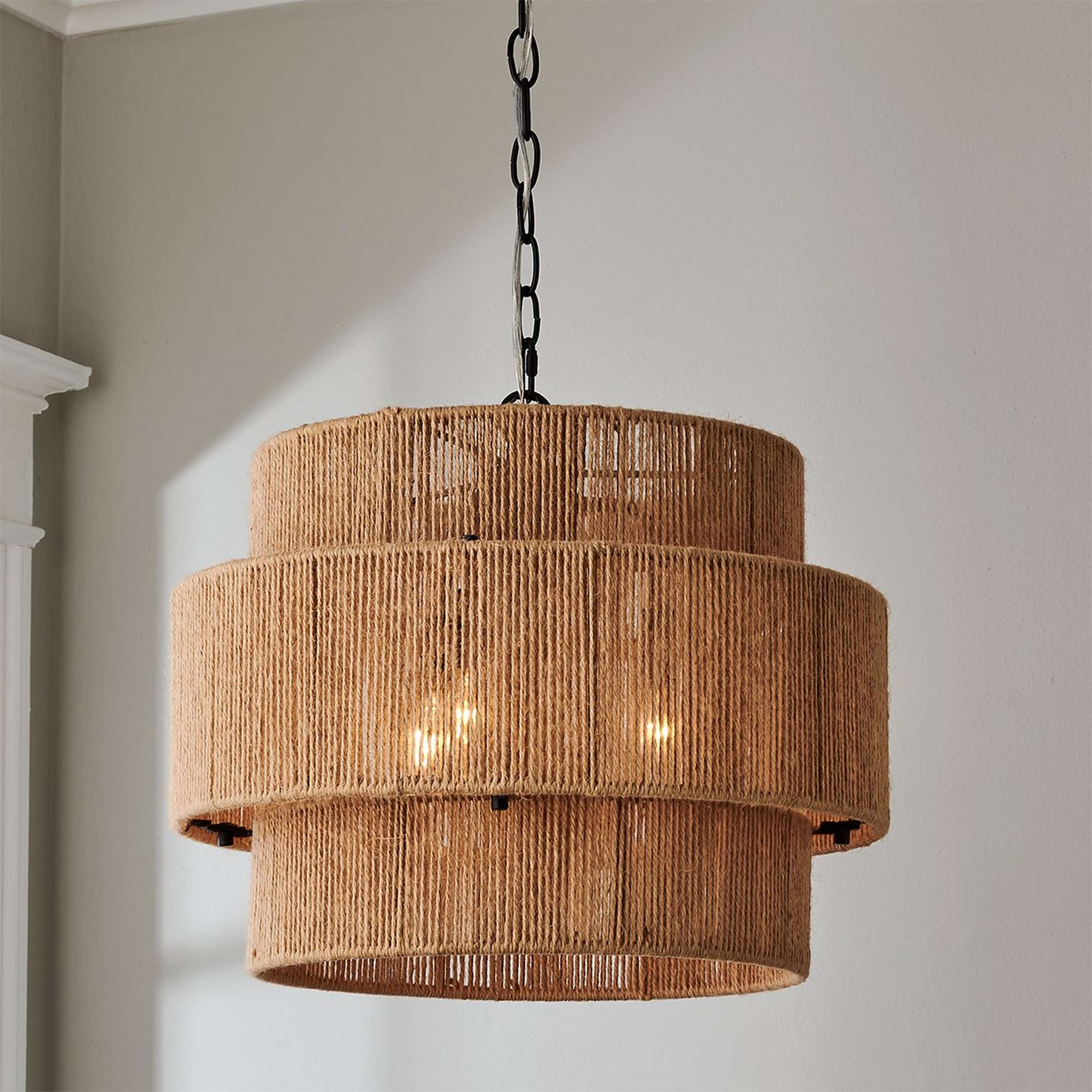 A Valdez Double Drum Chandelier with Matte Black / Natural Rope color
