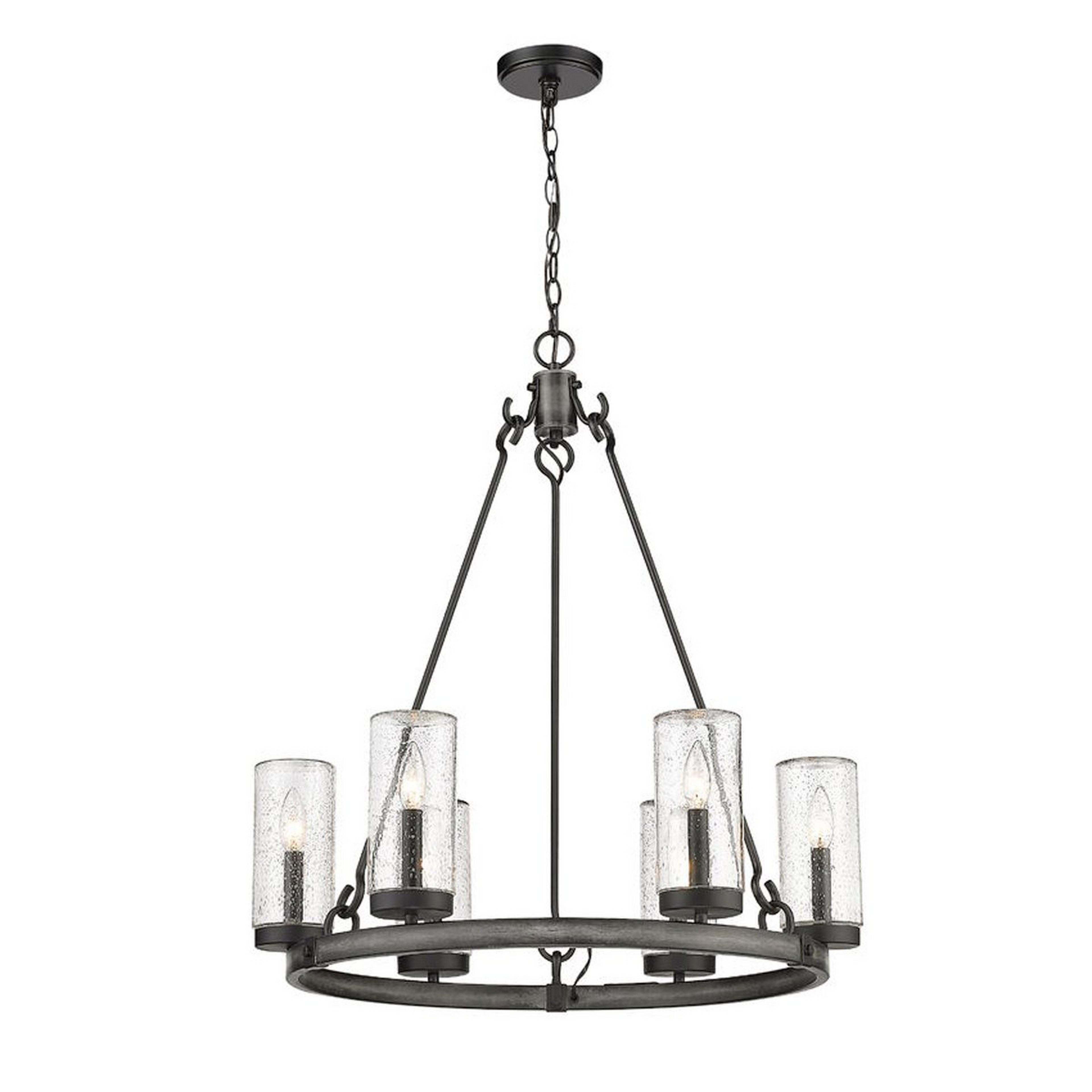 A Physwick Chandelier with Black / Distressed Black / Seeded Glass color