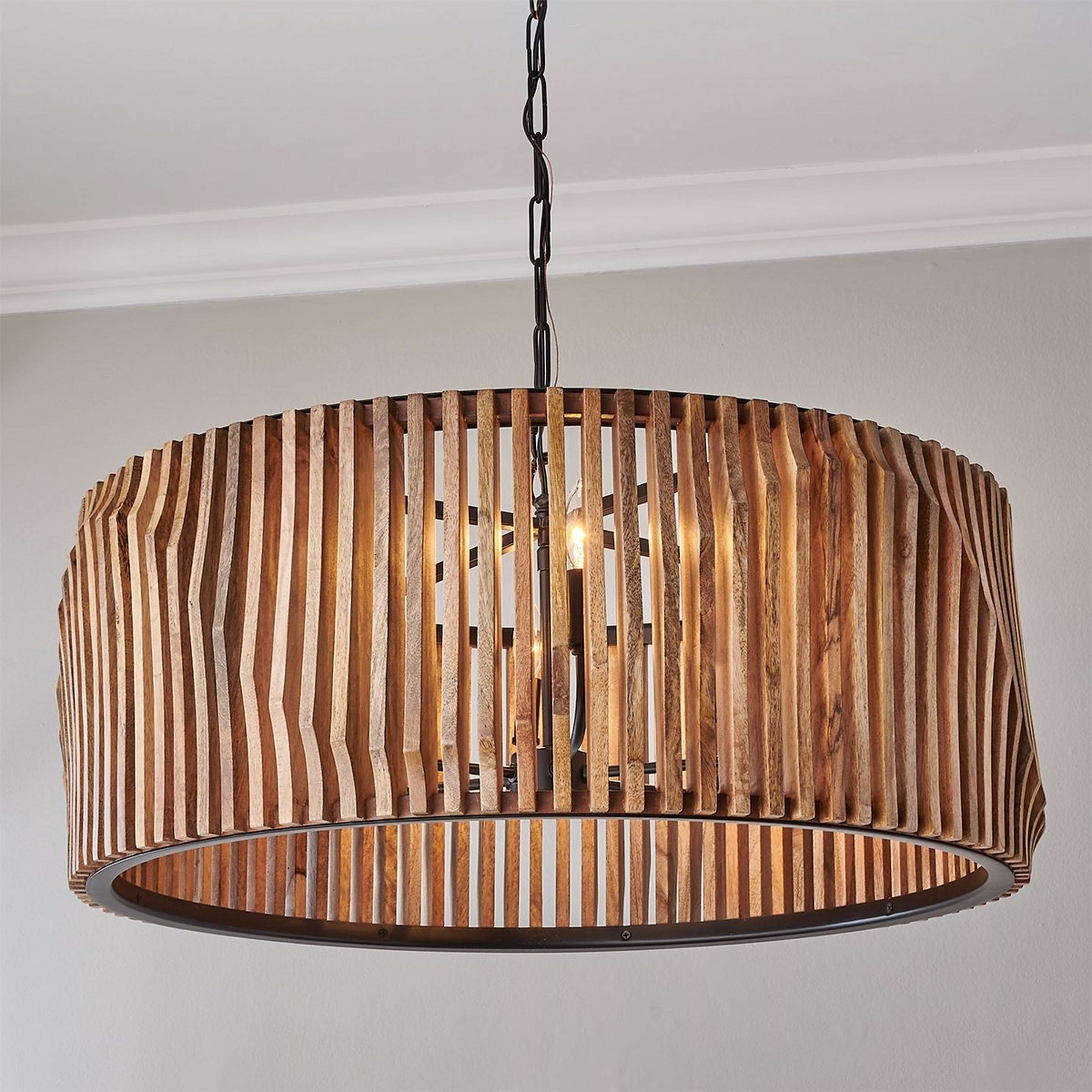 A Maela Drum Chandelier - Large with Matte Black / Mango Wood color