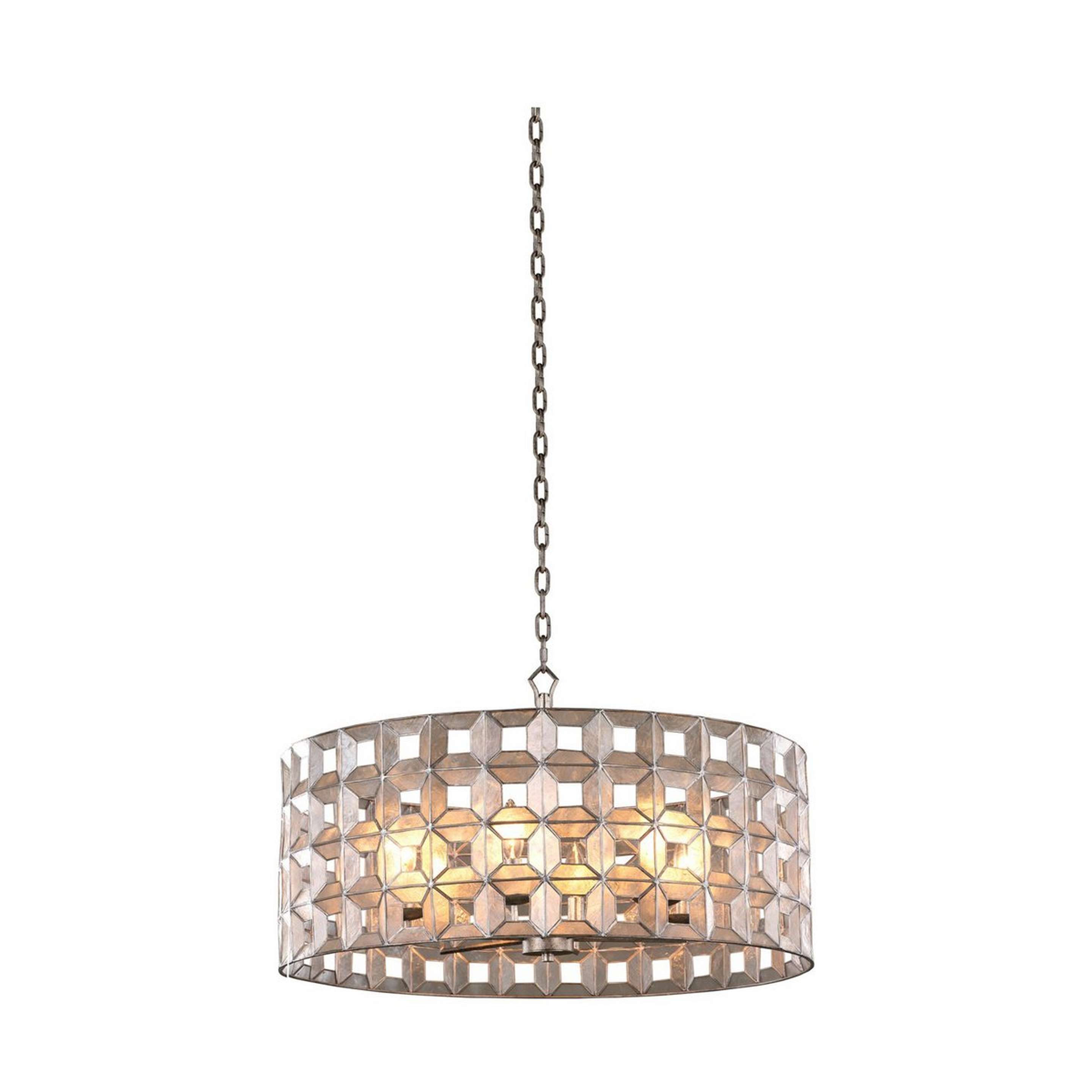 A Geo Capiz Shell Chandelier - Large with Aged Silver Leaf / Capiz Shell color