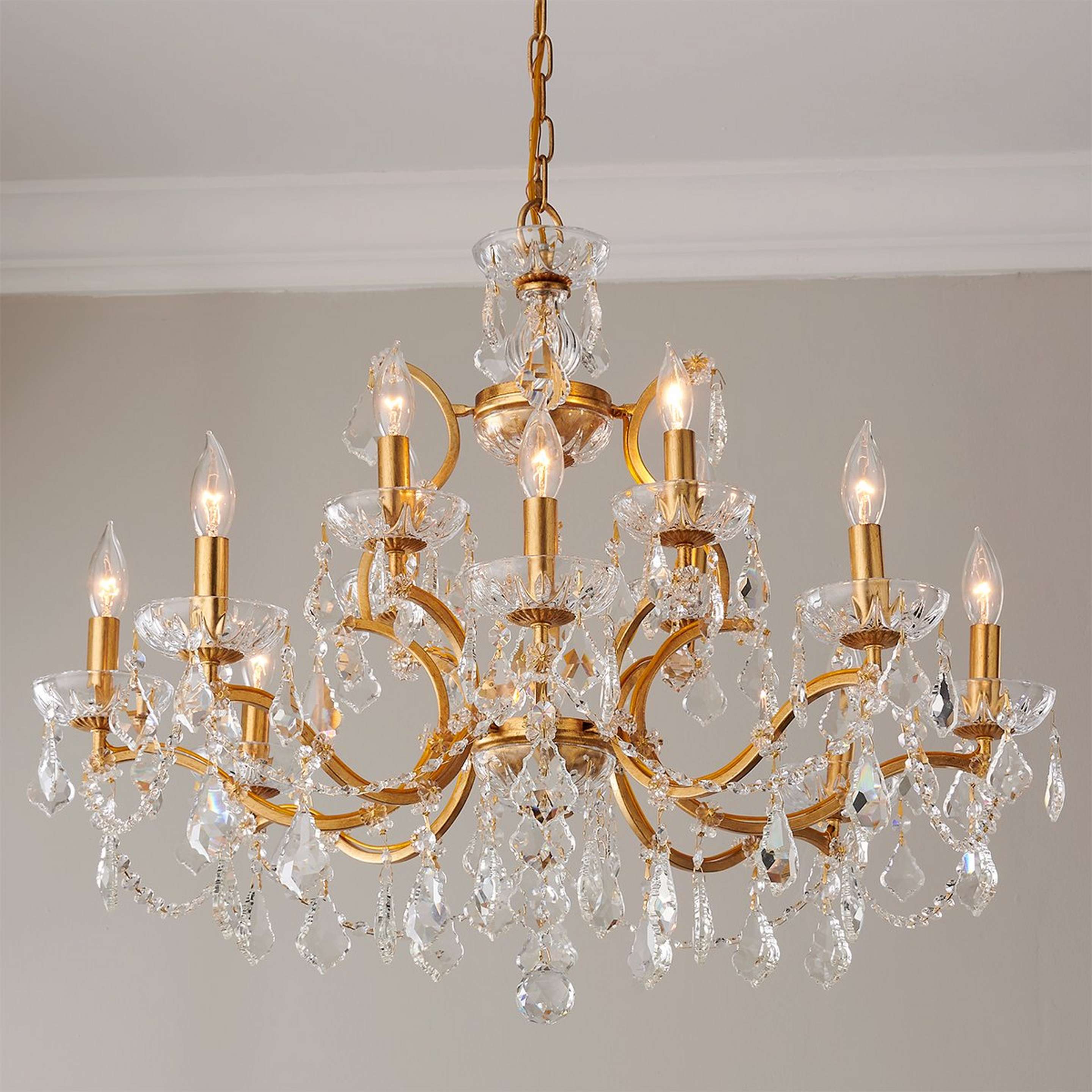 A Gold Leaf and Crystal Chandelier - Large with Gold Leaf / Crystal color