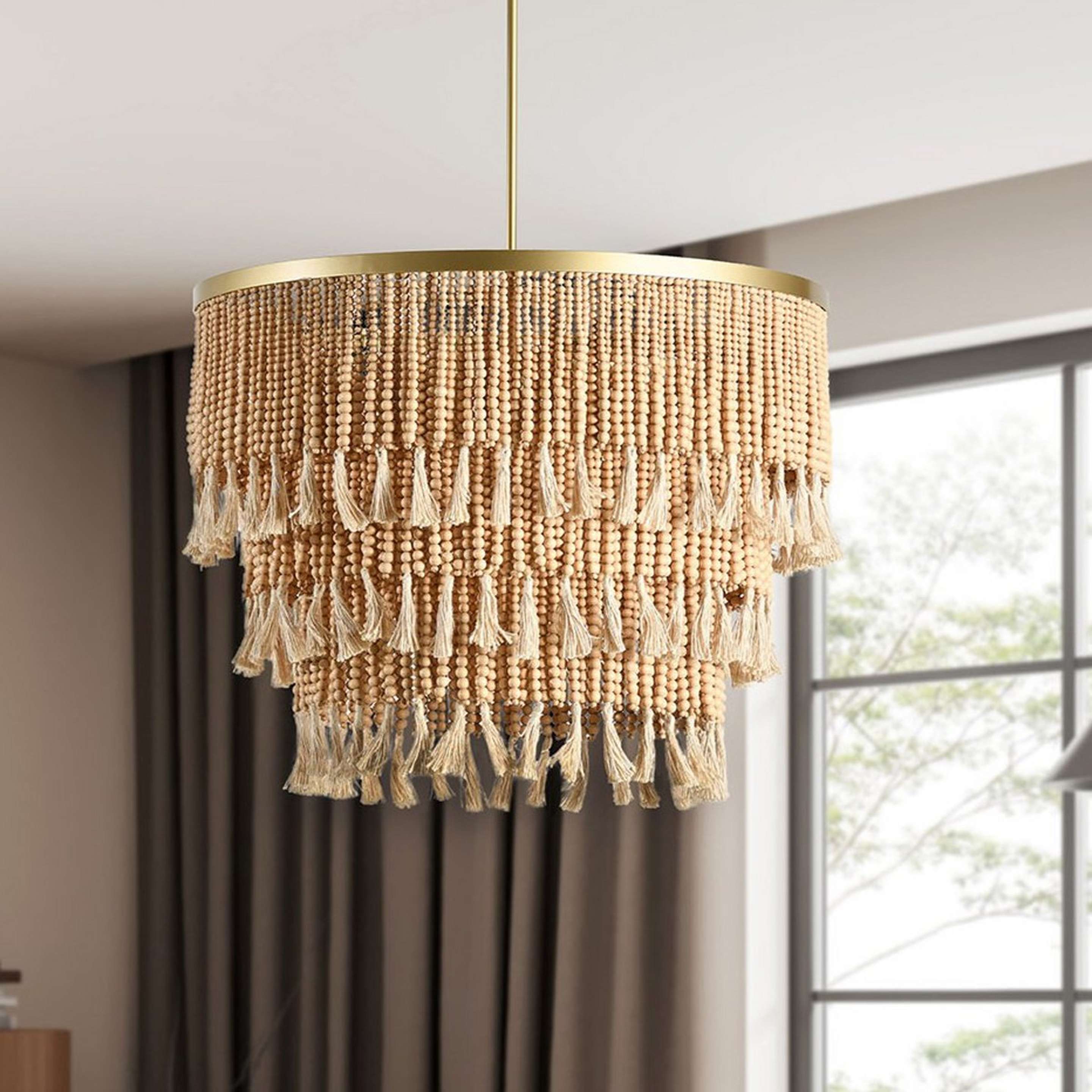 A Andalusia Beaded Chandelier with Gold / Natural Wood color